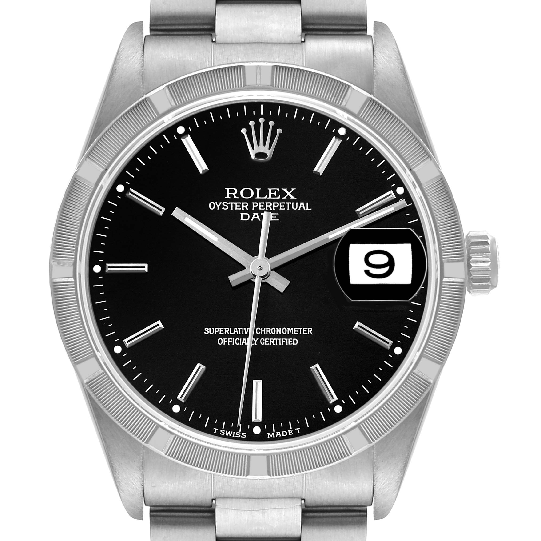 The image shows a front view of the Rolex Oyster Perpetual Date model, highlighting the dial, hands, crown, and bracelet.