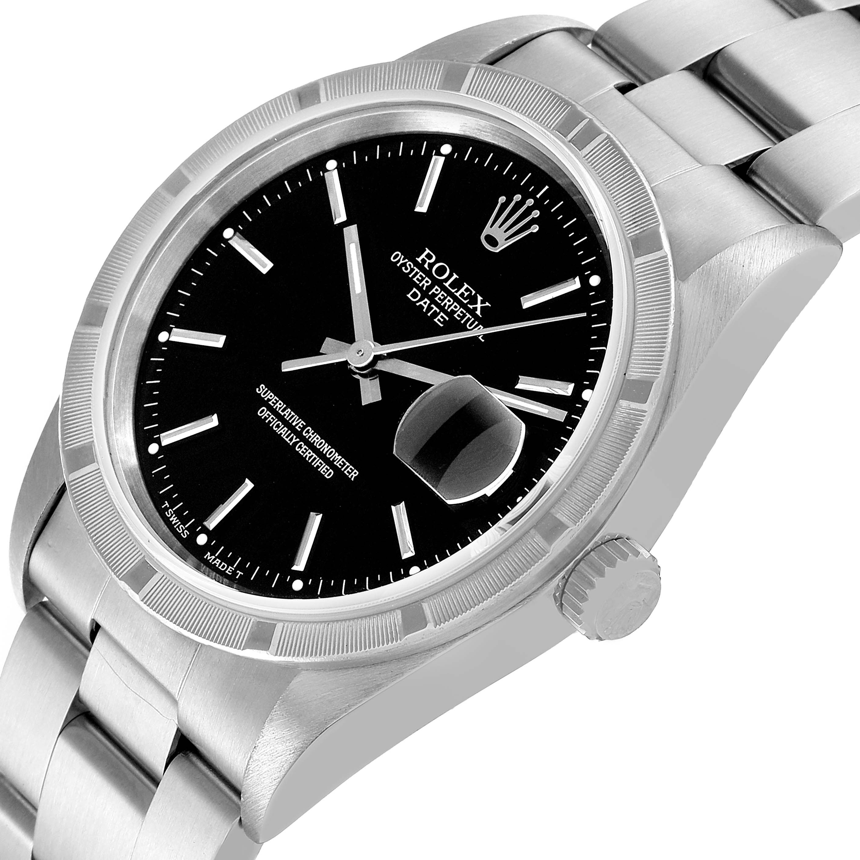 The image shows the Rolex Date 15210 Men
s Stainless Steel Black Dial 15210 Men
s Stainless Steel Black Dial model watch from an angled side view, focusing on the bezel, dial, bracelet, and crown.