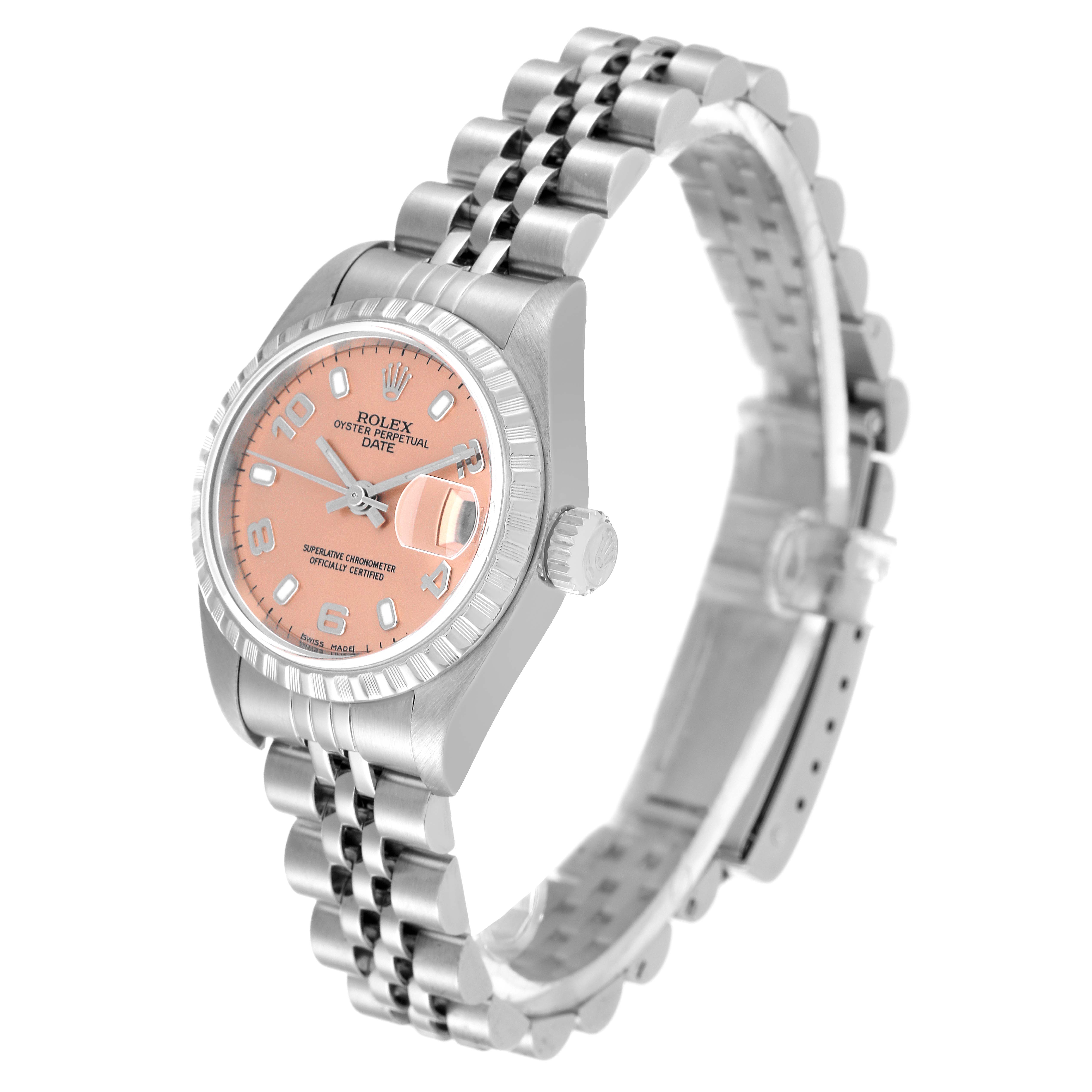 The image shows a Rolex Date 79240 Women's Stainless Steel Pink Dial 79240 Women's Stainless Steel Pink Dial watch angled from the front-left, highlighting the dial, bezel, and bracelet.