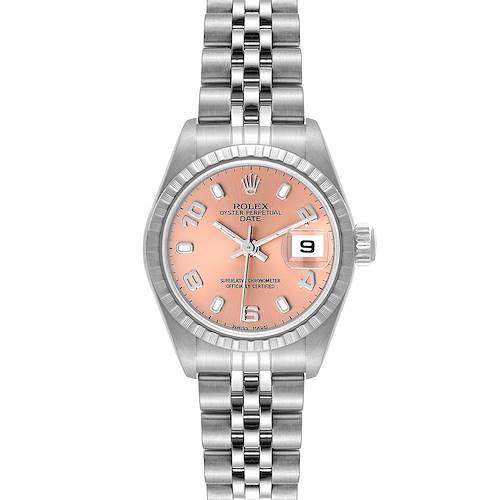 Photo of Rolex Date Salmon Dial Engine Turned Bezel Steel Ladies Watch 79240 Box Papers