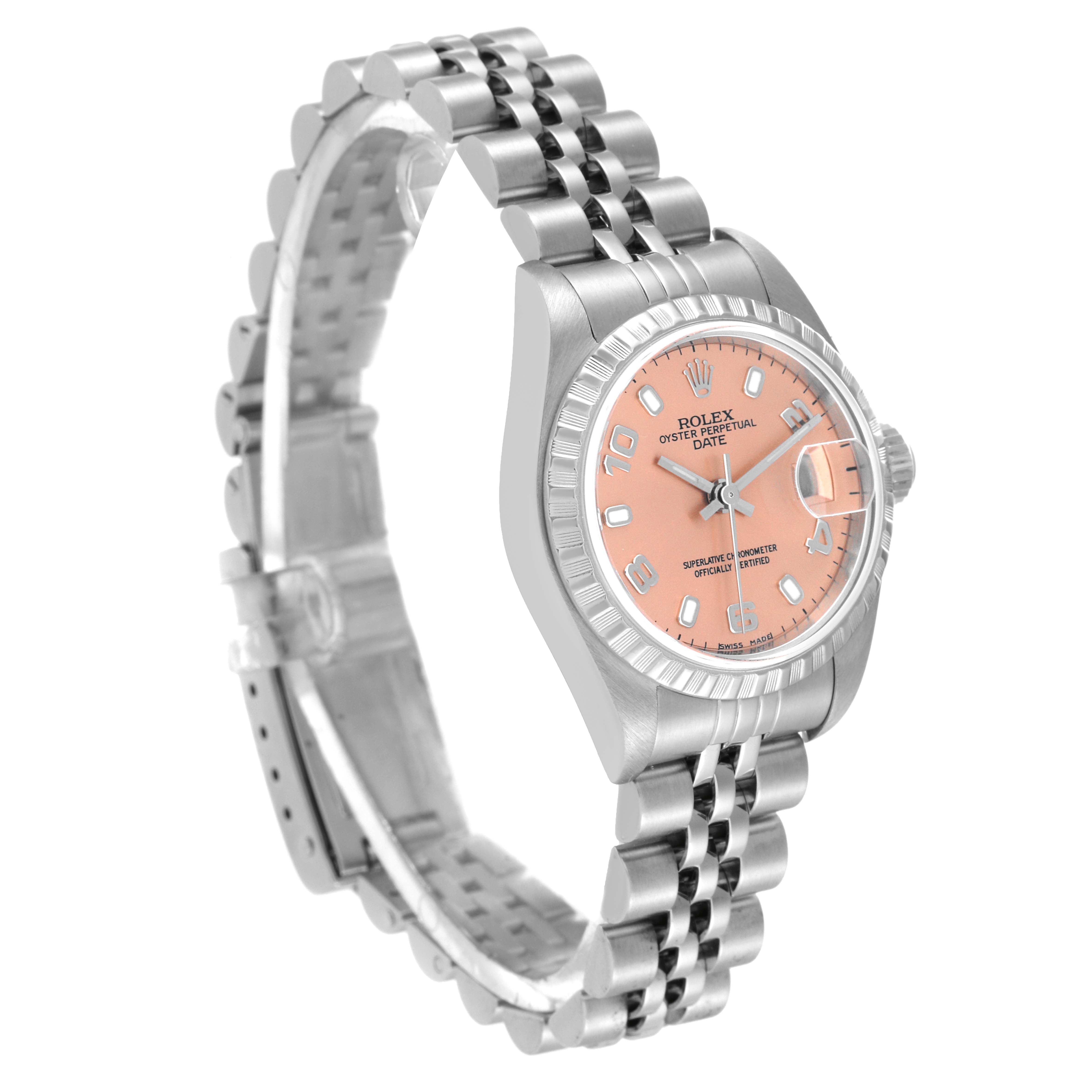 The image shows a Rolex Date 79240 Women's Stainless Steel Pink Dial 79240 Women's Stainless Steel Pink Dial model watch from a slightly top-angle, highlighting the dial, bracelet, and bezel.