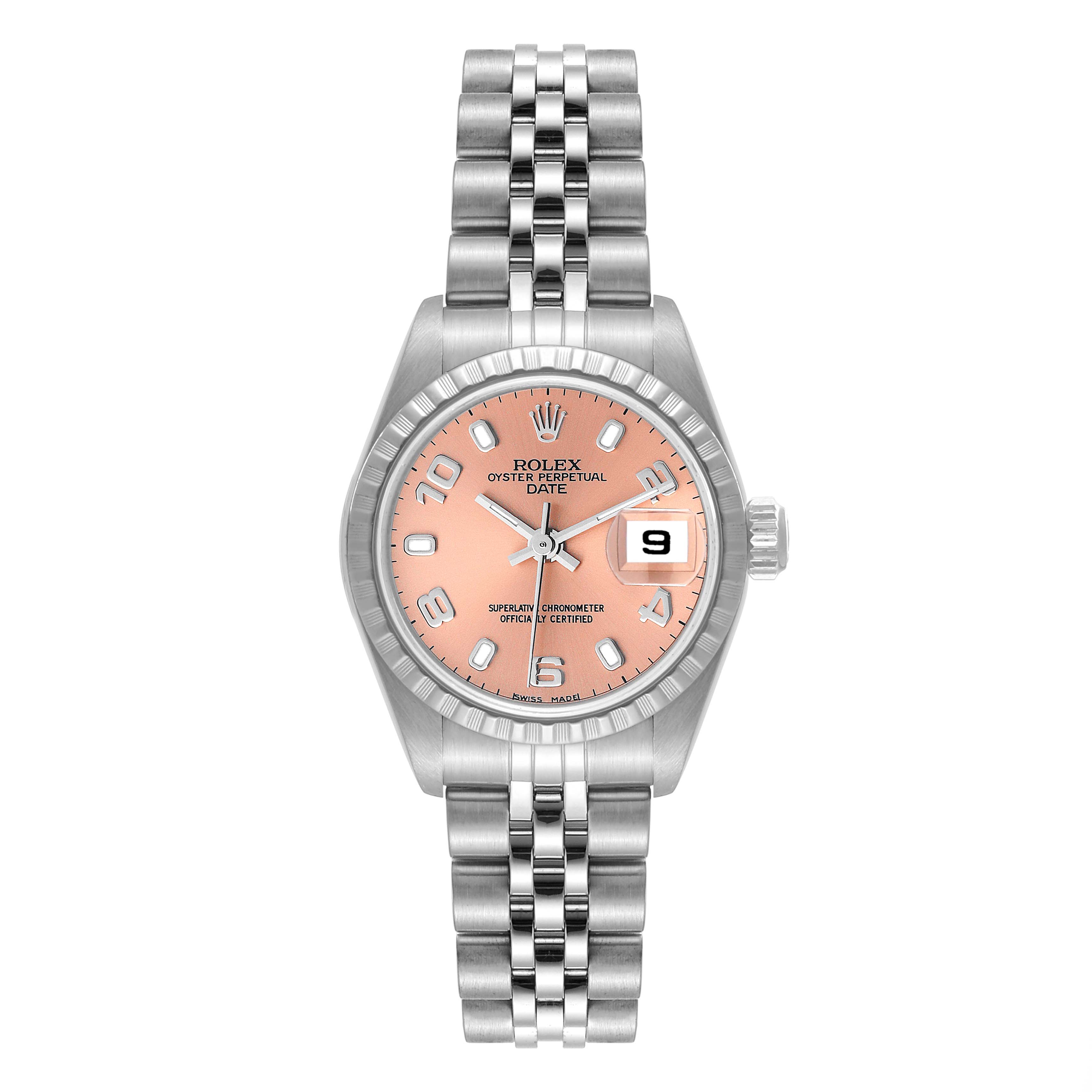 The image shows a front view of a Rolex Oyster Perpetual Date watch, displaying its face, hands, date window, and bracelet.