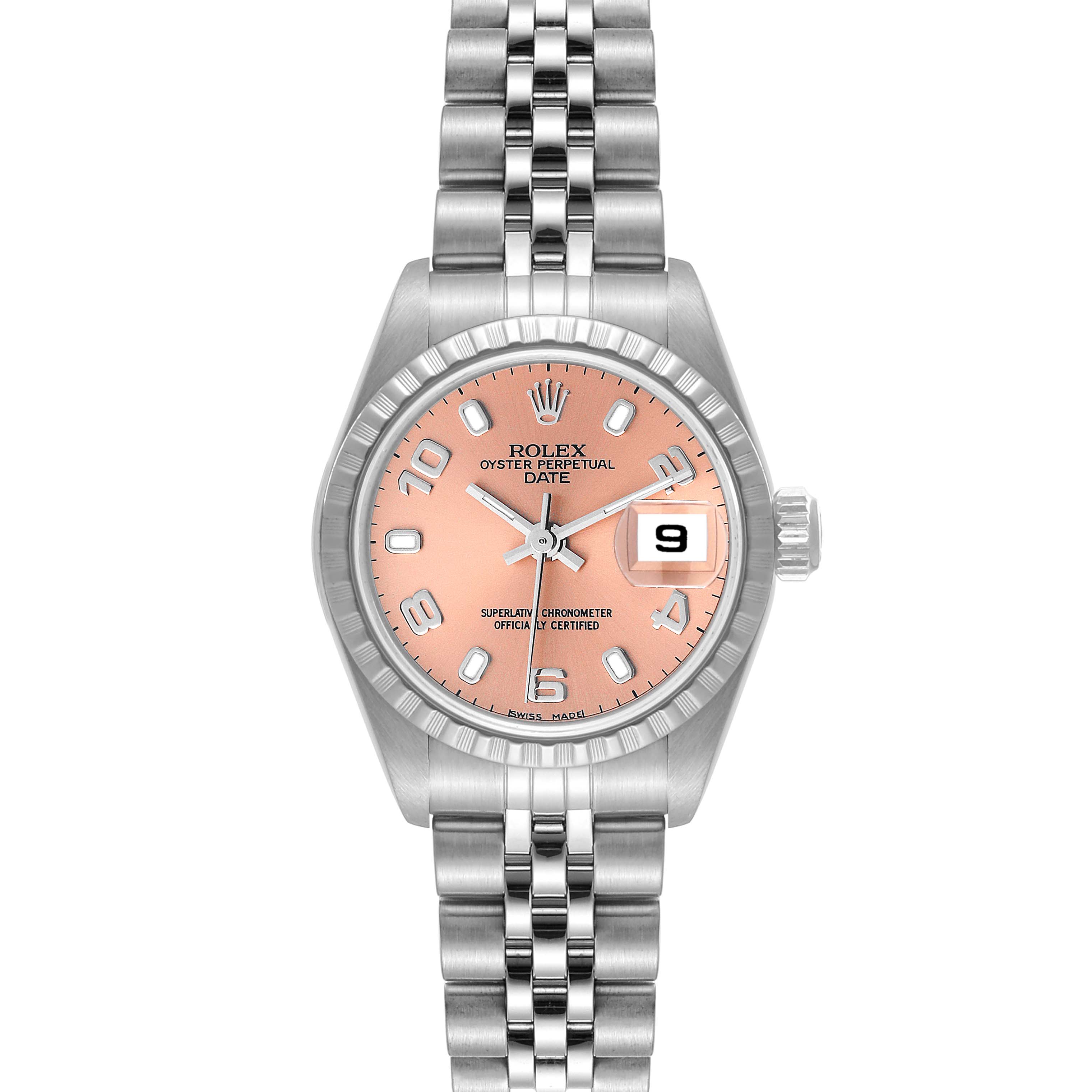 This is a straight-on view of a Rolex Date 79240 Women's Stainless Steel Pink Dial 79240 Women's Stainless Steel Pink Dial model watch, showing the dial, case, bracelet, and date window.