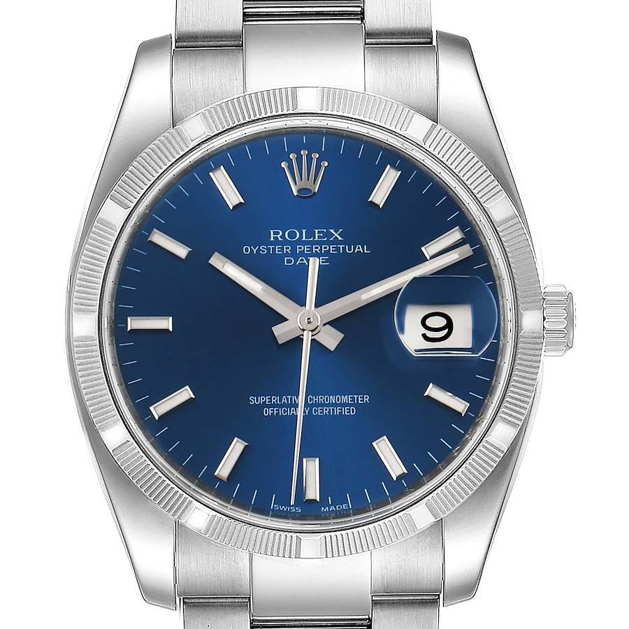Rolex Date Steel Blue Dial Oyster Bracelet Automatic Mens Watch 115210 SwissWatchExpo