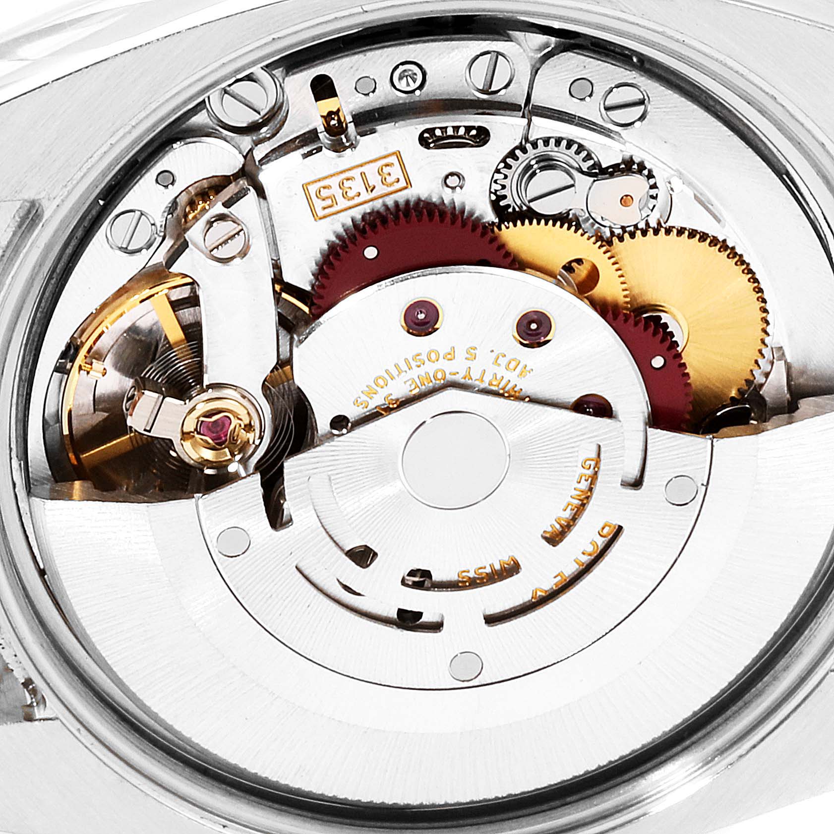 This image shows an internal view of the movement mechanism of a Rolex Date 115210 Men's Stainless Steel Blue Dial 115210 Men's Stainless Steel Blue Dial model watch.