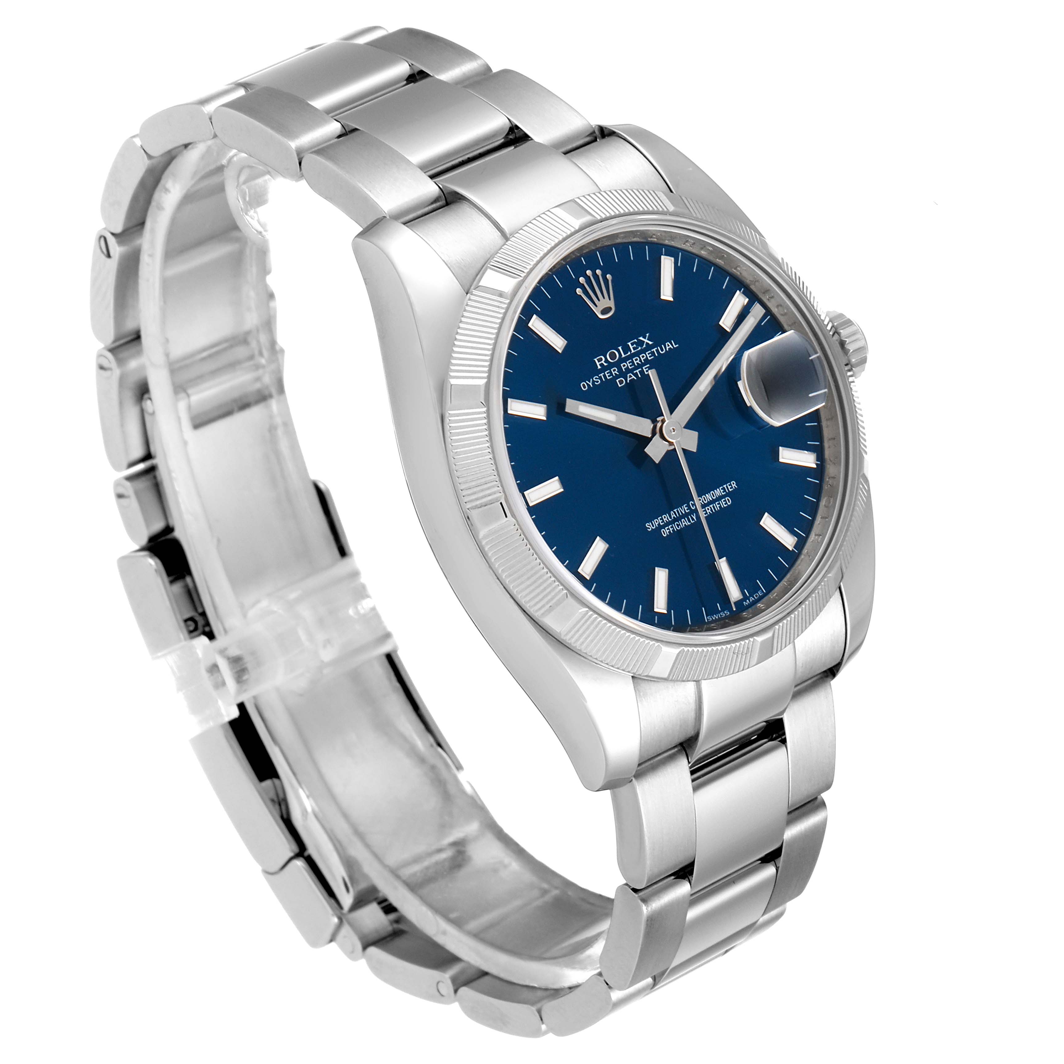 The Rolex Date 115210 Men's Stainless Steel Blue Dial 115210 Men's Stainless Steel Blue Dial model watch is shown at a slight angle, displaying its blue dial, fluted bezel, and stainless steel bracelet.