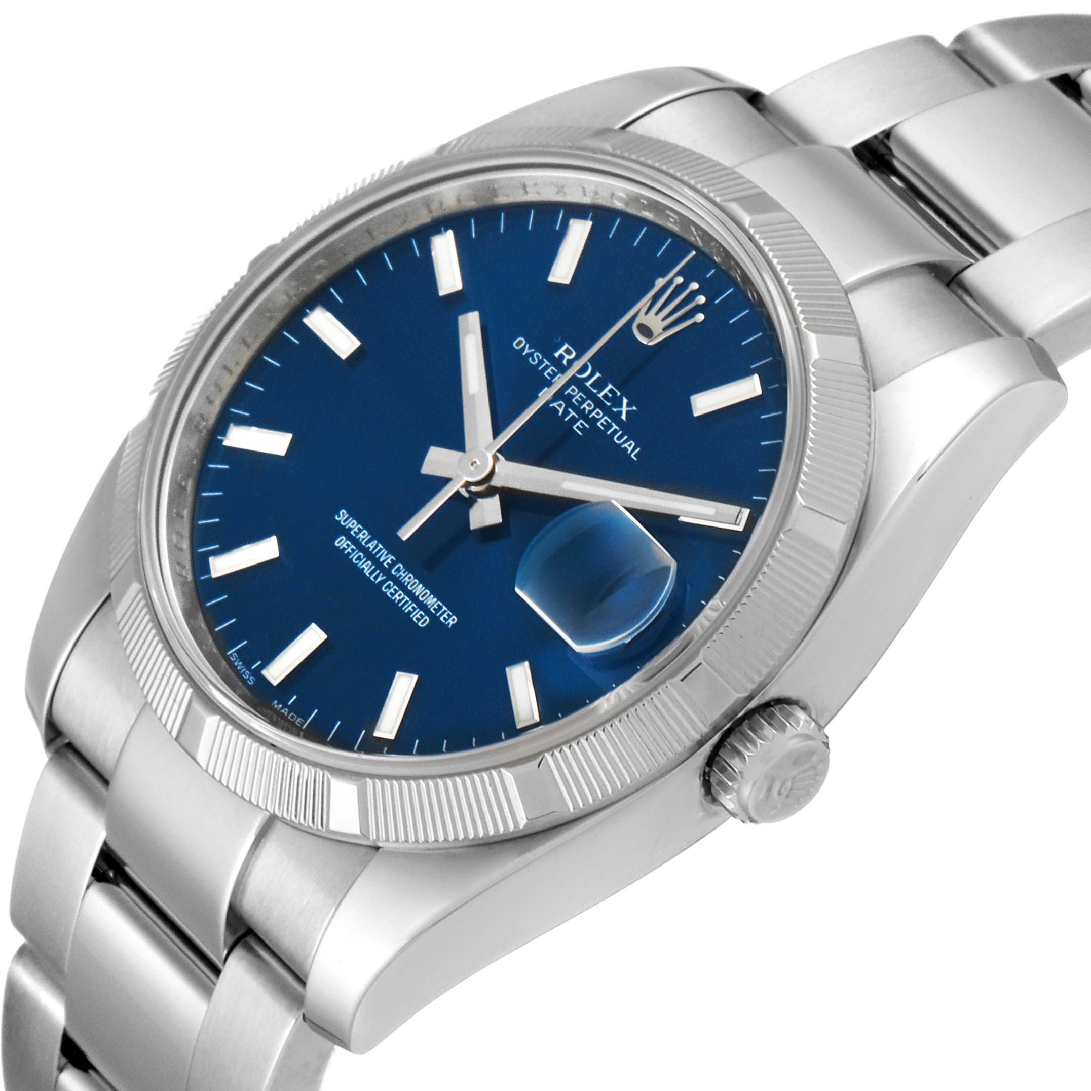 The image shows a Rolex Date 115210 Men's Stainless Steel Blue Dial 115210 Men's Stainless Steel Blue Dial model watch from a front-side angle, showcasing the face, bezel, bracelet, and crown.