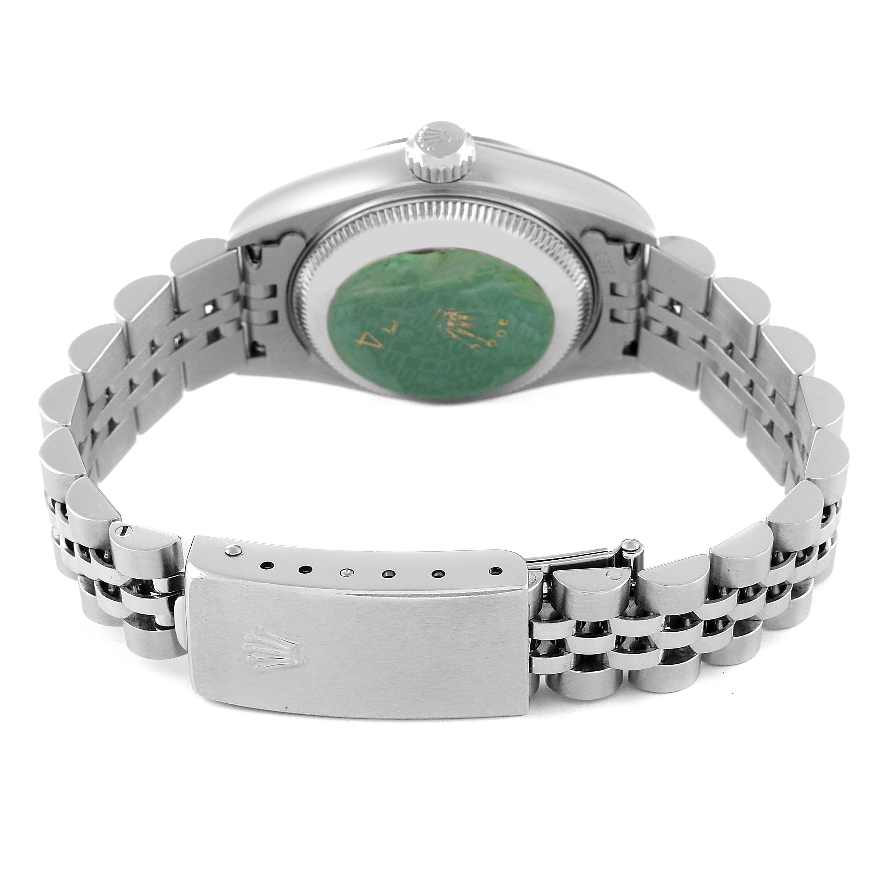 This image shows the back side and clasp of the Rolex Datejust 79174 Women's Stainless Steel Silver Dial 79174 Women's Stainless Steel Silver Dial watch, highlighting its bracelet and case back.