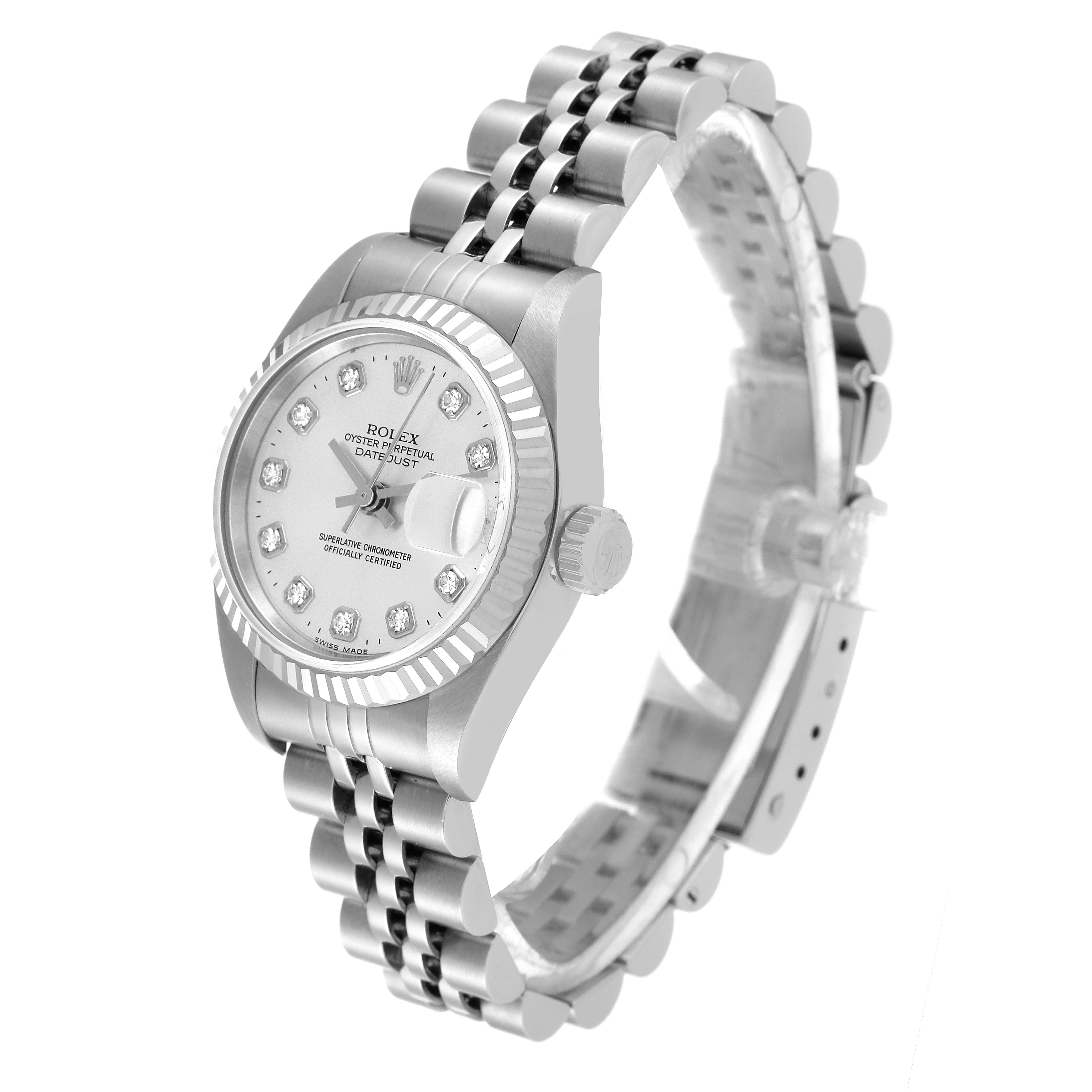 The image shows a Rolex Datejust 79174 Women's Stainless Steel Silver Dial 79174 Women's Stainless Steel Silver Dial watch at a three-quarter angle, highlighting the dial, bezel, and bracelet.