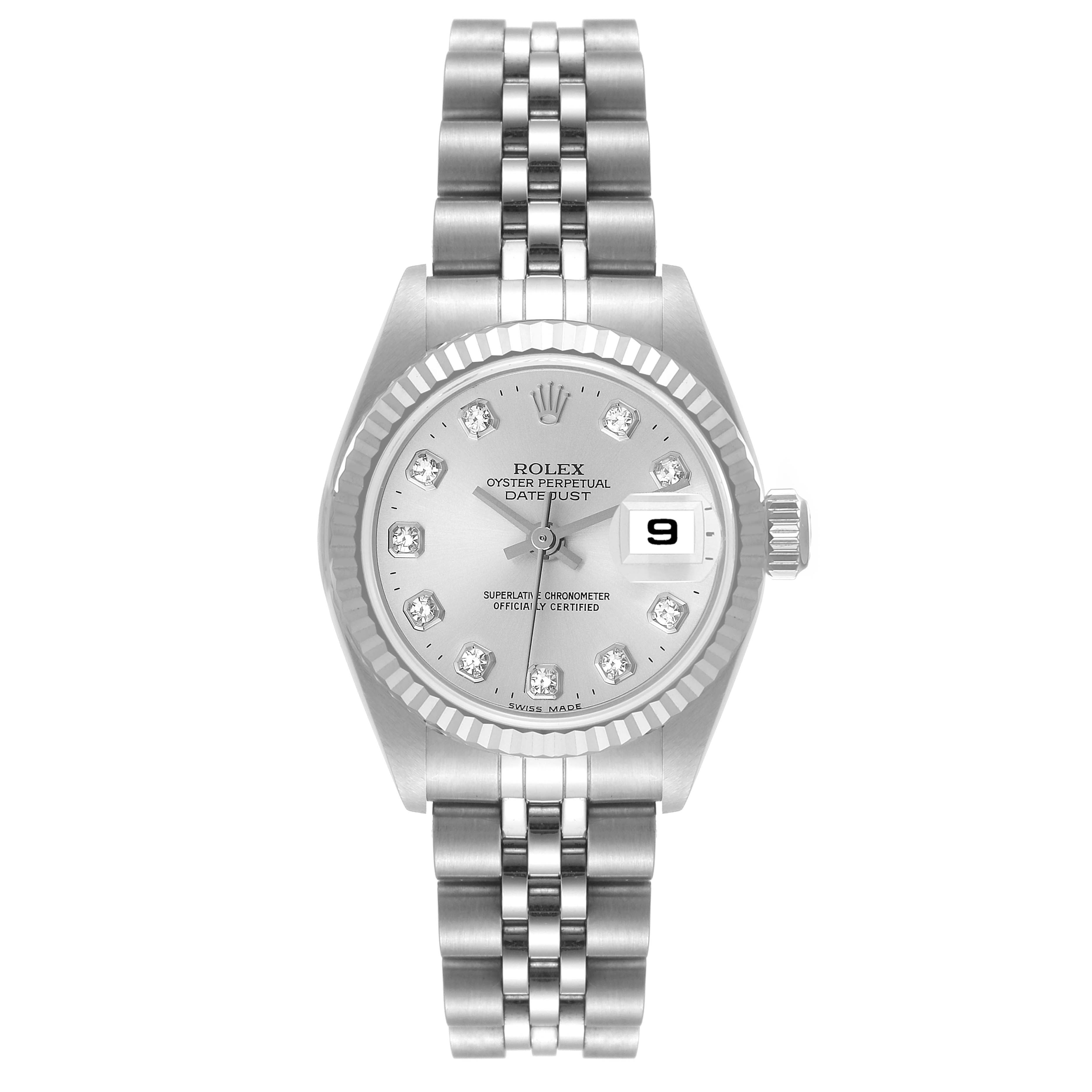 This image shows a front view of a Rolex Datejust 79174 Women's Stainless Steel Silver Dial 79174 Women's Stainless Steel Silver Dial watch, displaying the dial, bezel, and bracelet.