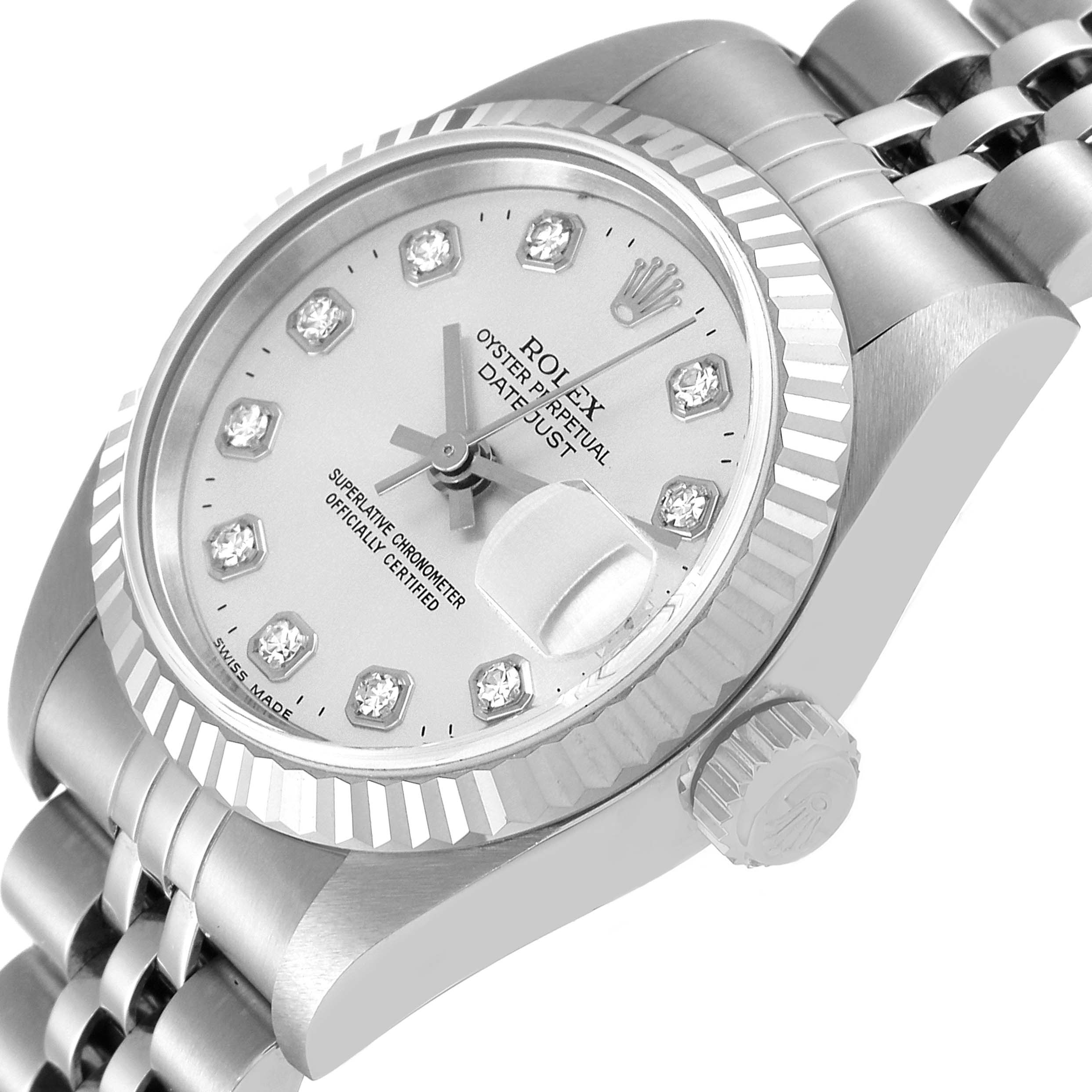 The image shows a Datejust model by Rolex from an oblique angle, highlighting the dial, fluted bezel, and part of the bracelet.