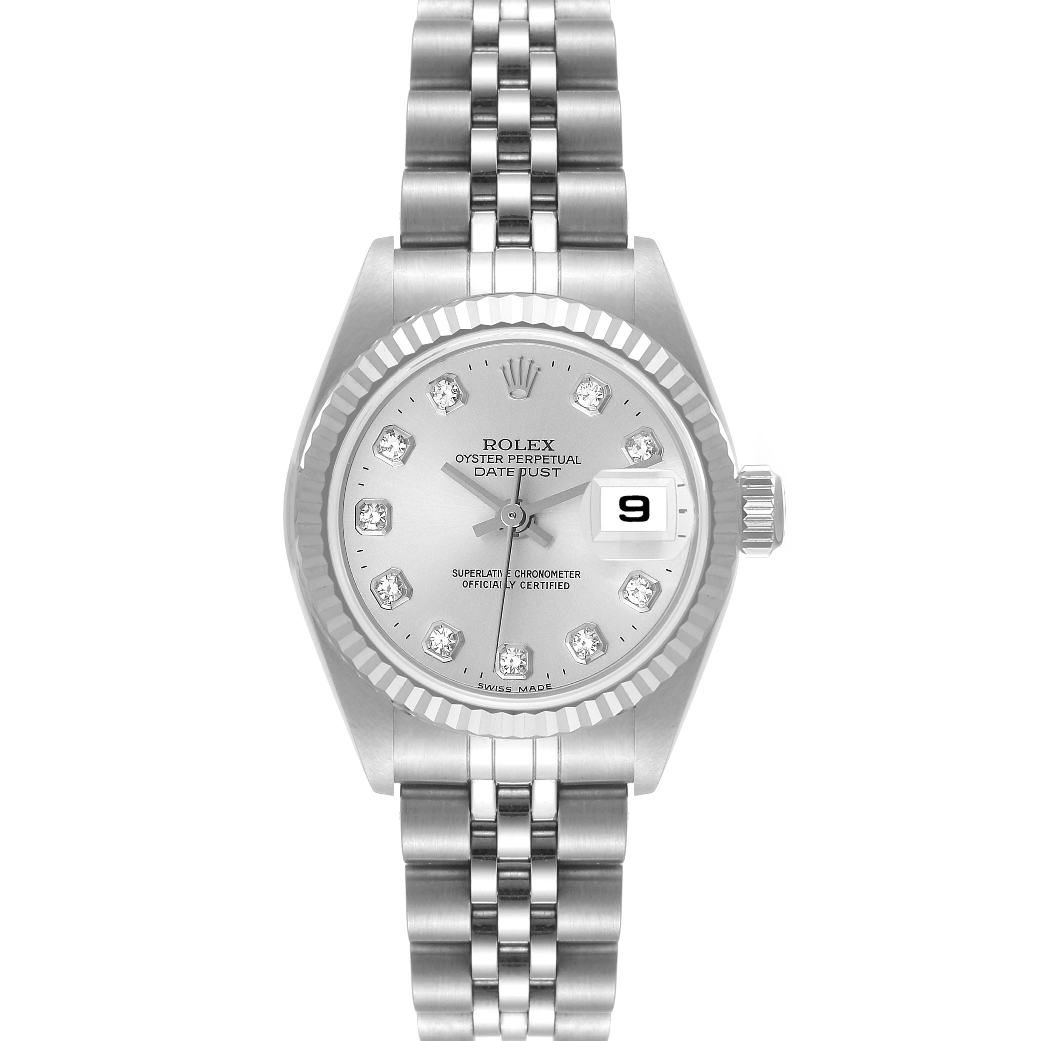 The image shows a front view of the Rolex Datejust 79174 Women's Stainless Steel Silver Dial 79174 Women's Stainless Steel Silver Dial watch, displaying its bracelet, dial, and date window.