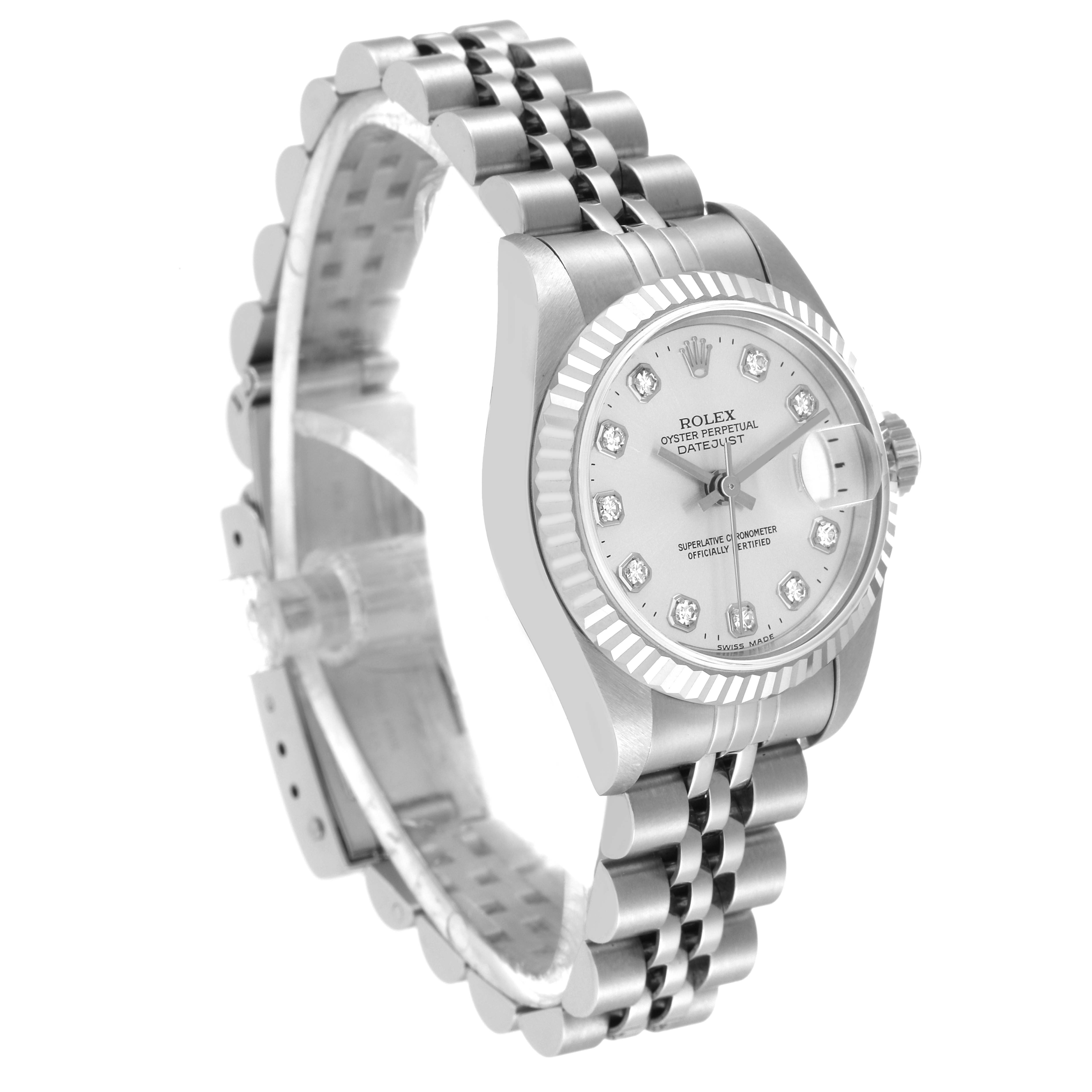 The image shows a Rolex Datejust 79174 Women's Stainless Steel Silver Dial 79174 Women's Stainless Steel Silver Dial watch from a side angle, displaying its face, fluted bezel, and Jubilee bracelet.