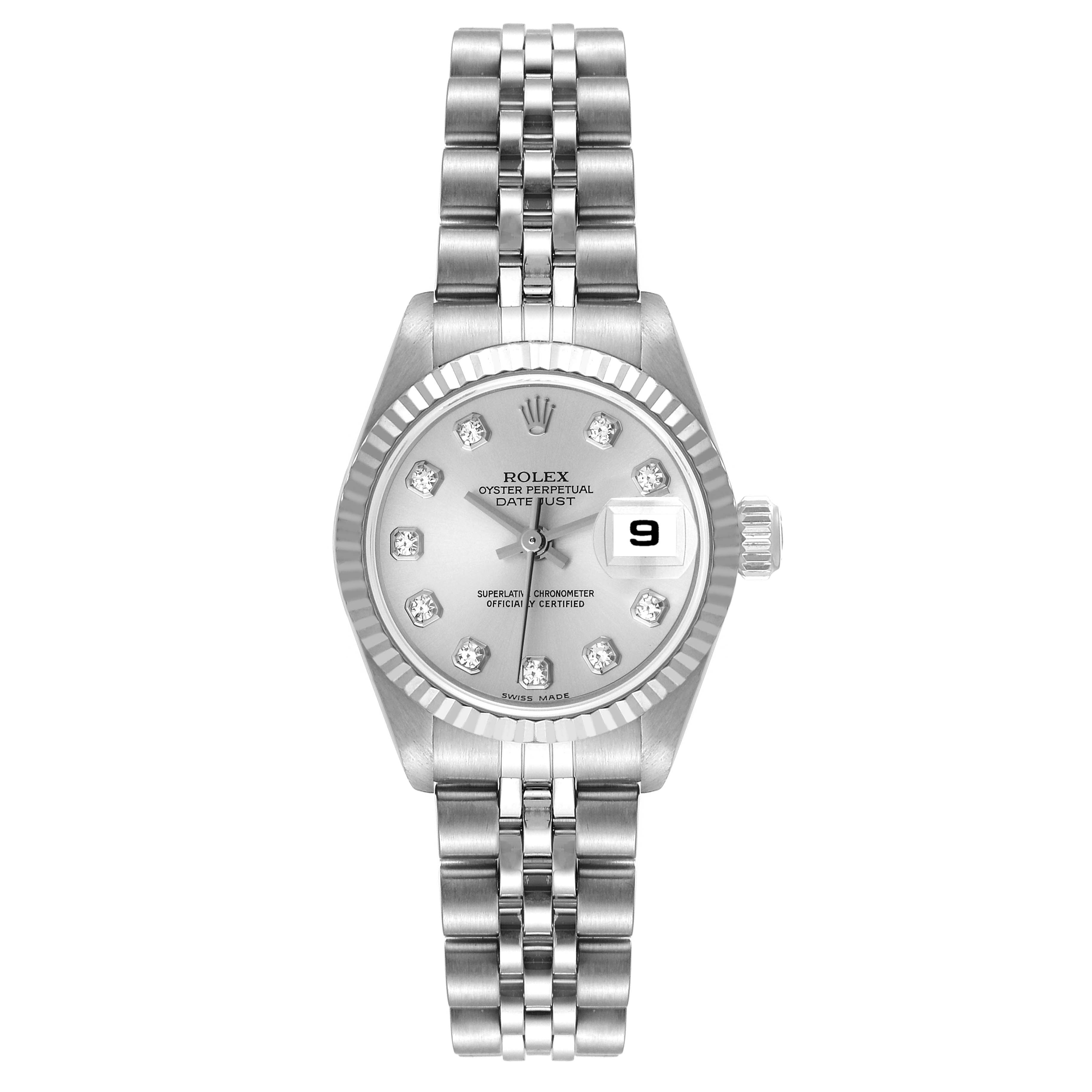 This image shows a frontal view of the Rolex Datejust 79174 Women's Stainless Steel Silver Dial 79174 Women's Stainless Steel Silver Dial watch, including the dial, bezel, crown, and bracelet.