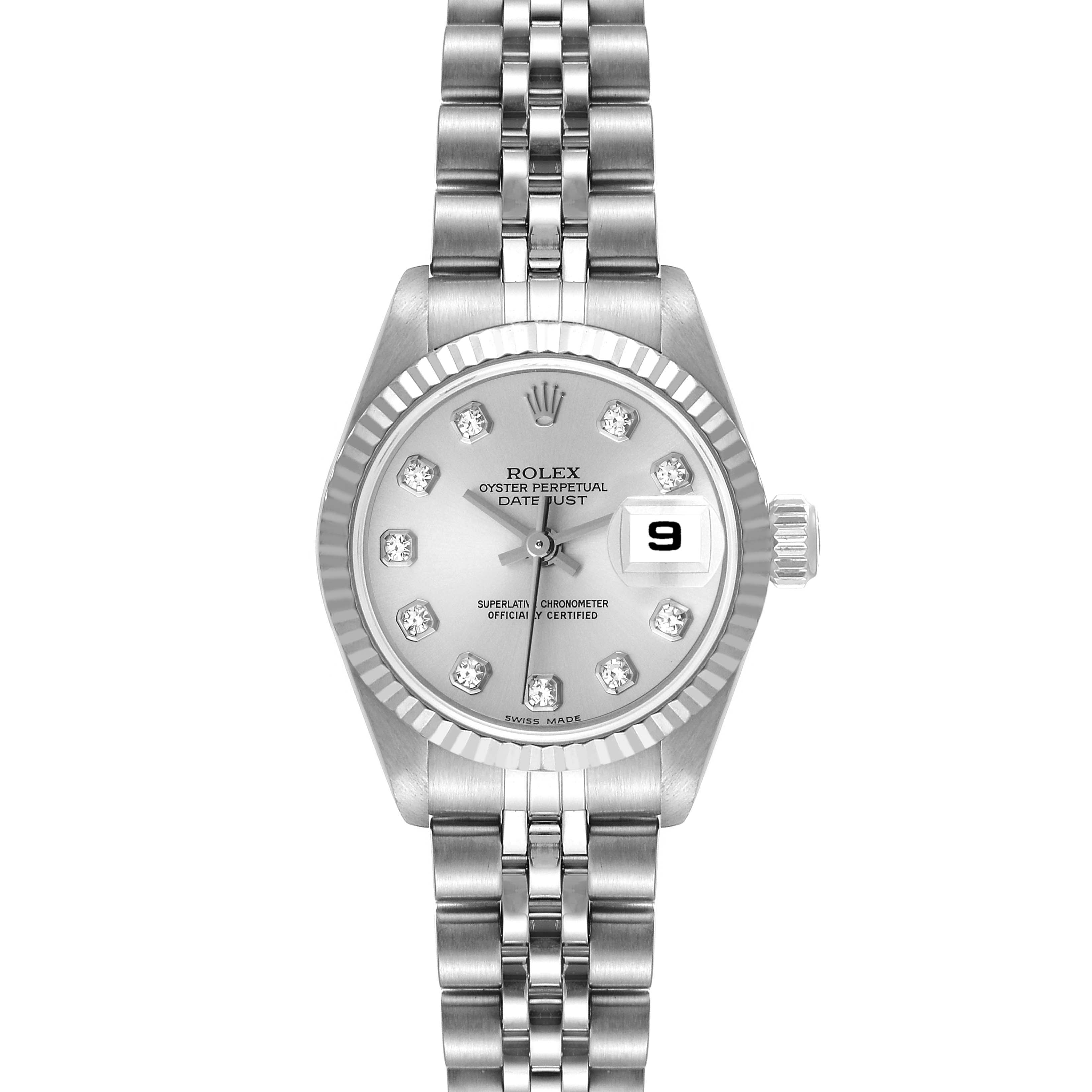 The image shows a front view of a Rolex Datejust 79174 Women's Stainless Steel Silver Dial 79174 Women's Stainless Steel Silver Dial watch, highlighting the dial, bracelet, and date window at 3 o'clock.