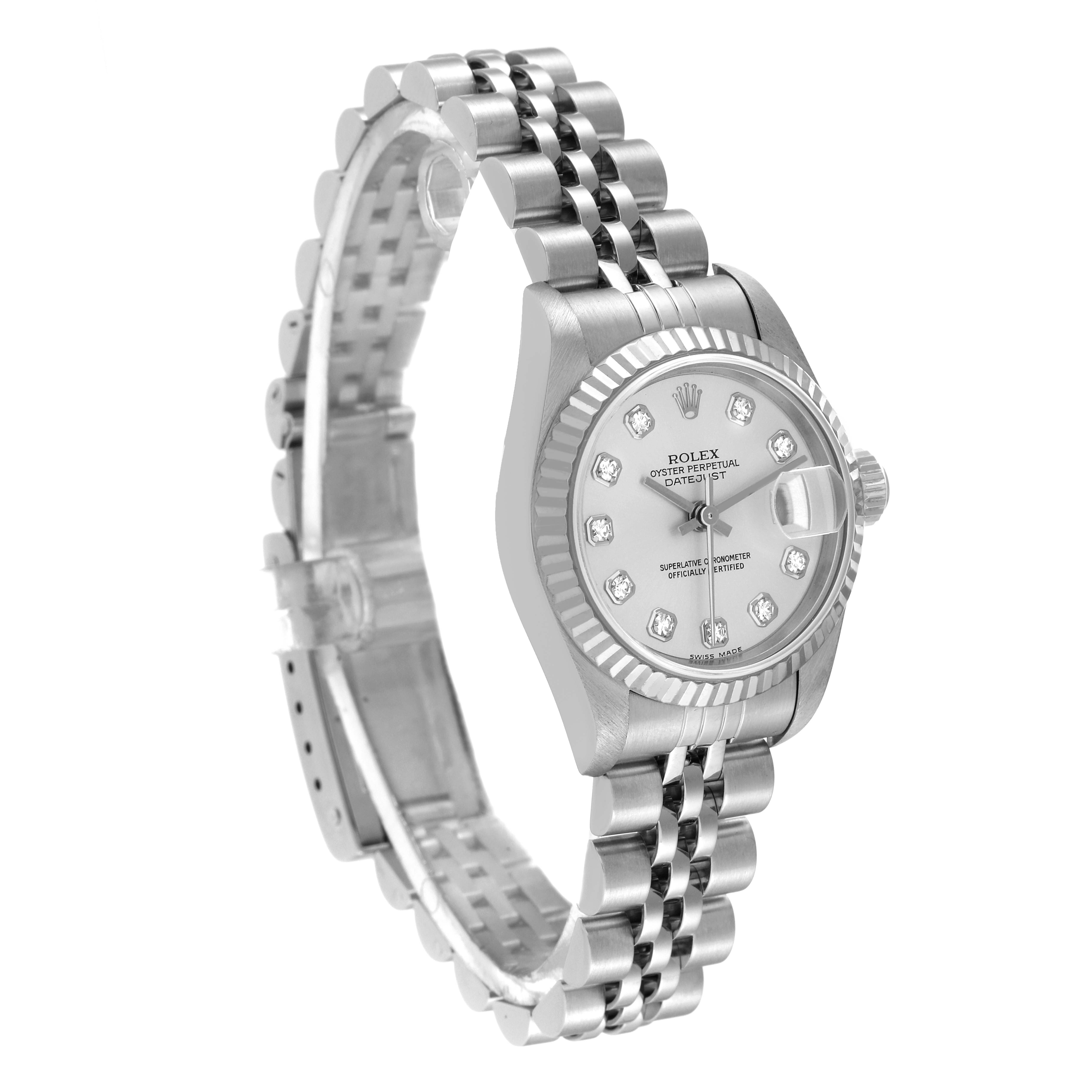 The image shows a side-angle view of the Rolex Datejust 79174 Women's Stainless Steel Silver Dial 79174 Women's Stainless Steel Silver Dial watch, highlighting the face, bezel, crown, and bracelet.