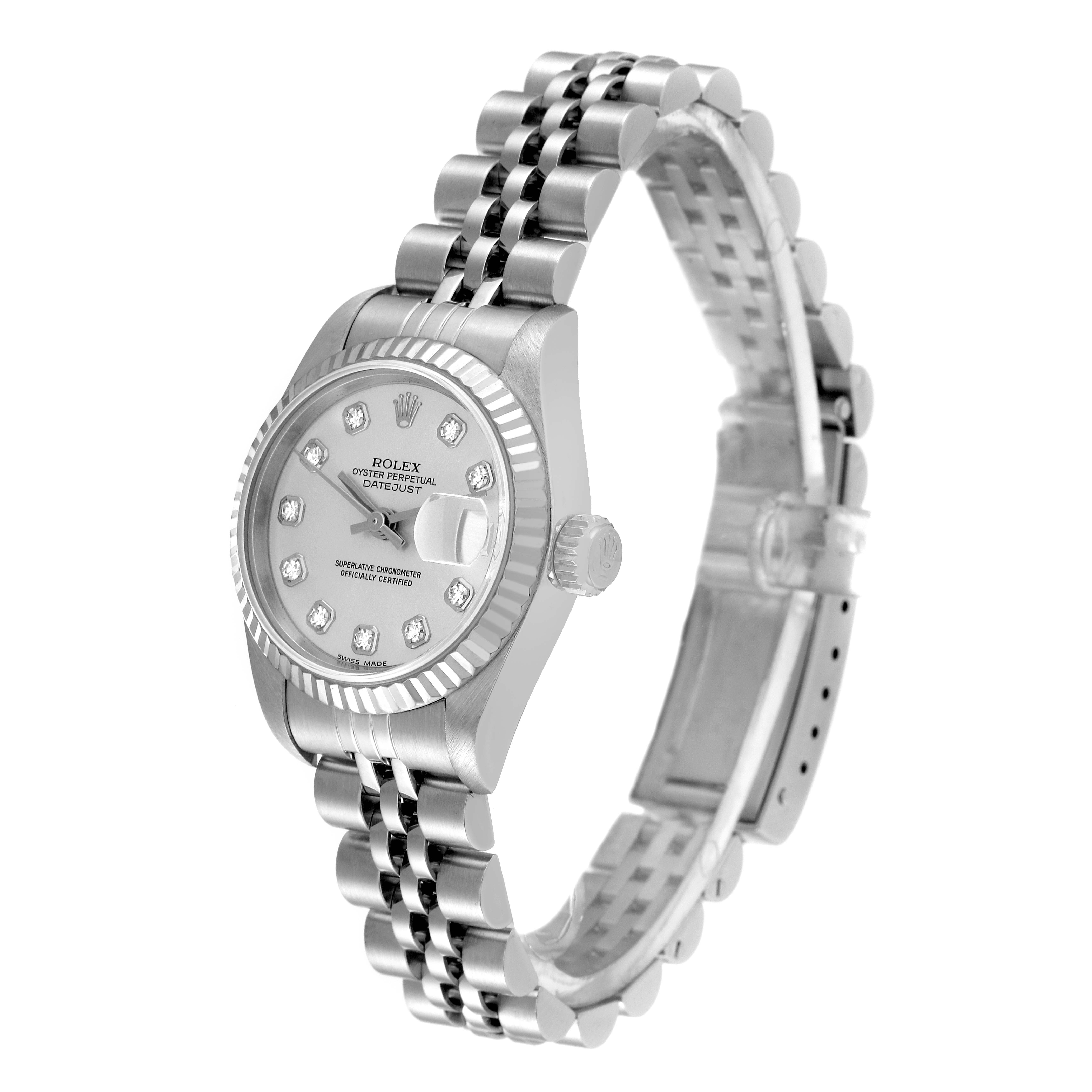 The Rolex Datejust 79174 Women's Stainless Steel Silver Dial 79174 Women's Stainless Steel Silver Dial watch is shown at a three-quarter angle, highlighting the face, bezel, and Jubilee bracelet.