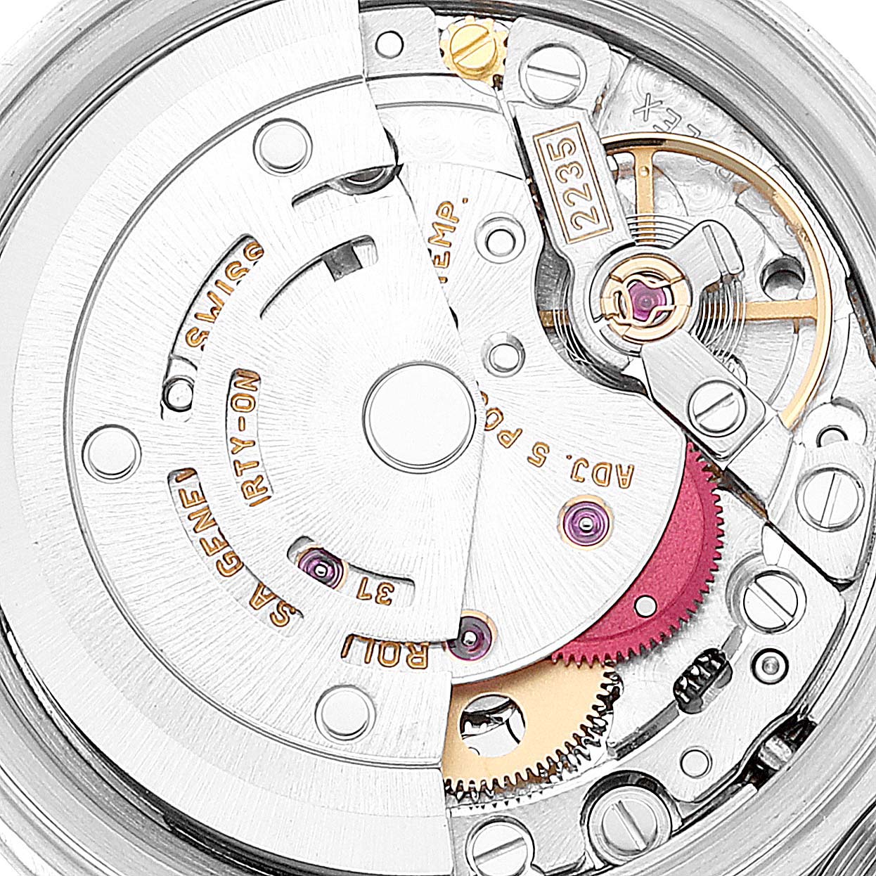 The image shows a close-up of the Rolex Datejust 79174 Women's Stainless Steel Silver Dial 79174 Women's Stainless Steel Silver Dial watch's movement components.