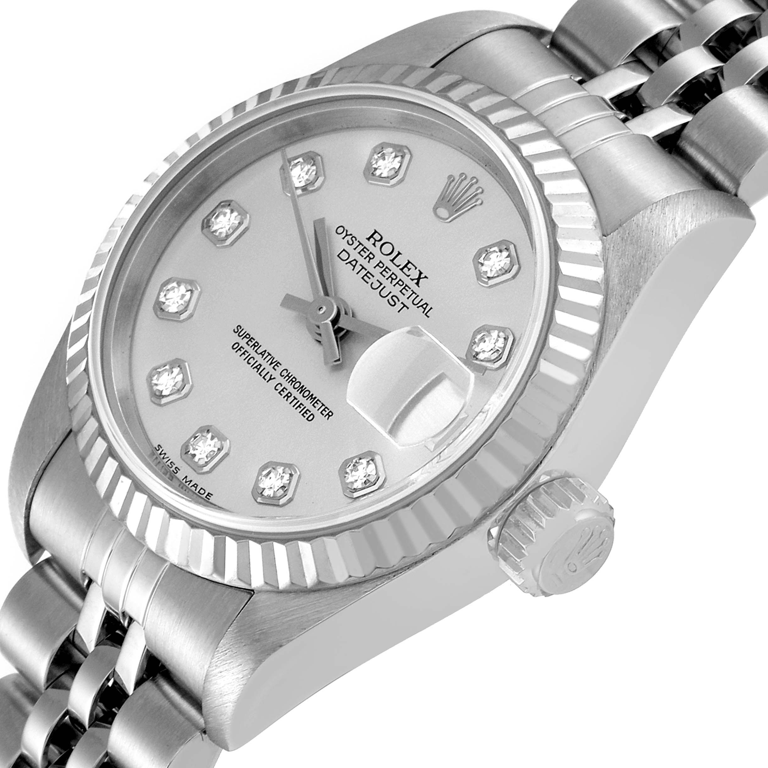 The image shows a close-up angled view of a Rolex Datejust 79174 Women's Stainless Steel Silver Dial 79174 Women's Stainless Steel Silver Dial watch, featuring its face, bezel, crown, and part of the bracelet.