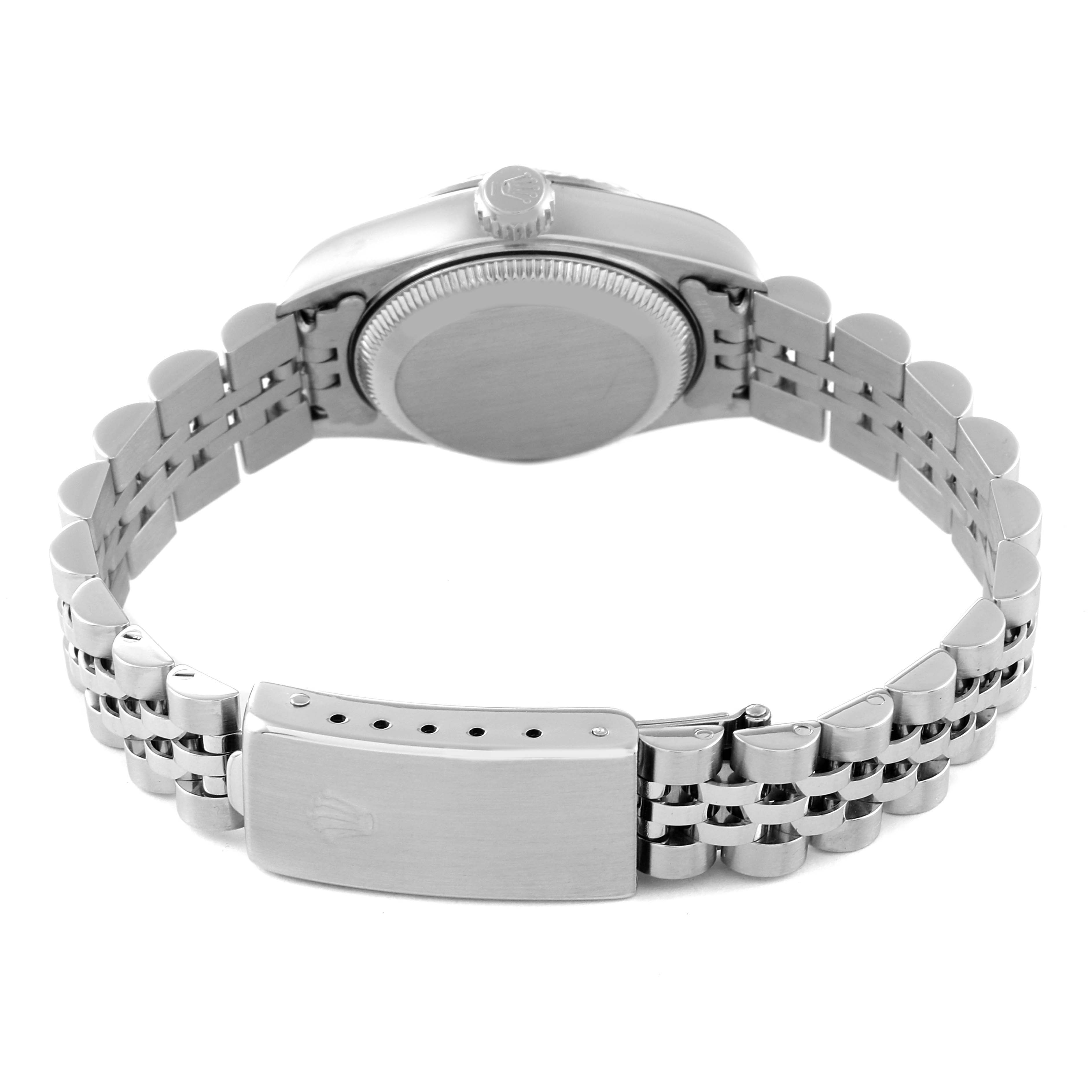 The image shows the back case and bracelet with the clasp of the Rolex Datejust 79174 Women's Stainless Steel Silver Dial 79174 Women's Stainless Steel Silver Dial watch.