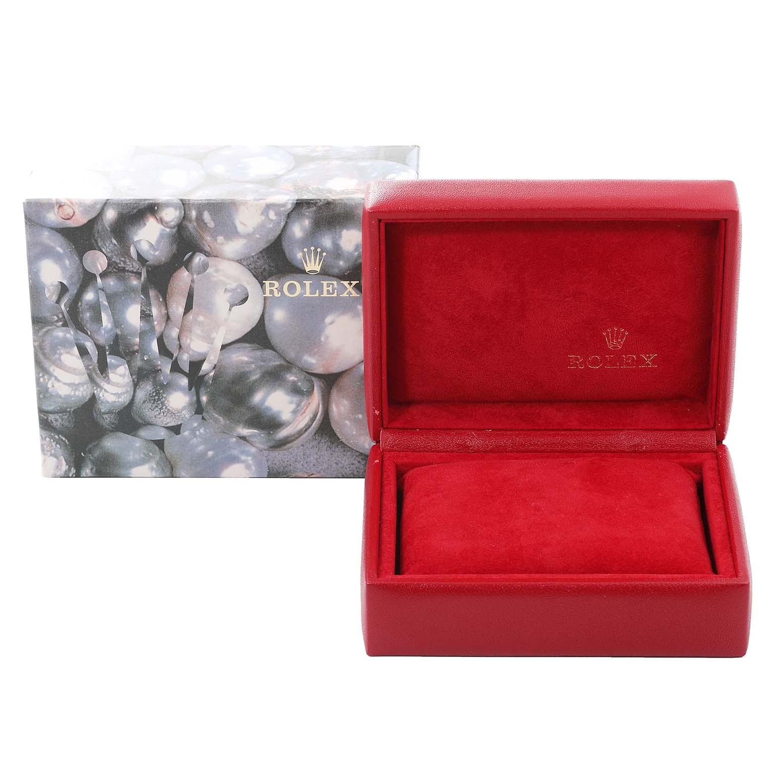 This image shows a Rolex Datejust 79174 Women's Stainless Steel Silver Dial 79174 Women's Stainless Steel Silver Dial watch box with a red interior and an outer box featuring a pearl design.