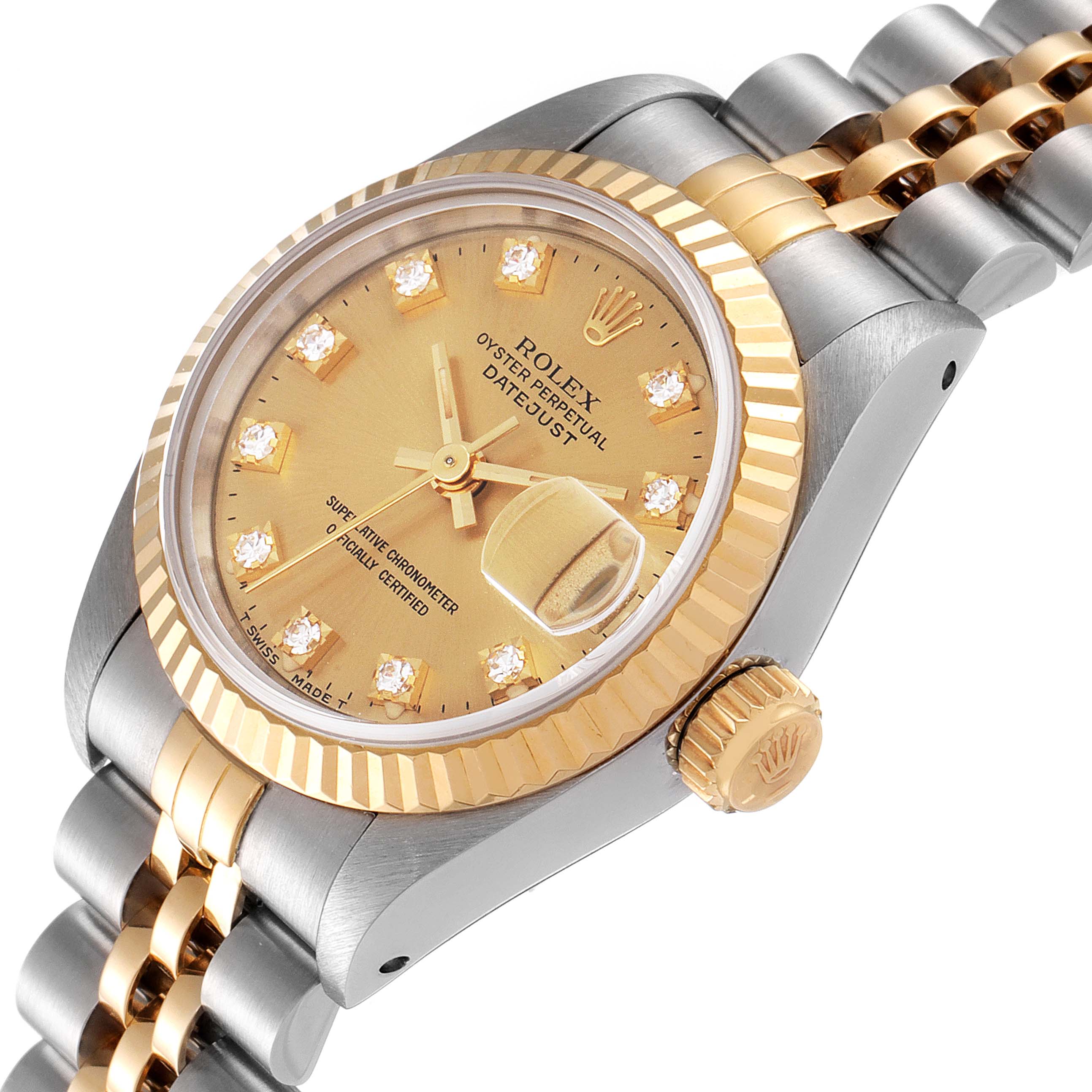 This angled shot showcases the Rolex Datejust 69173 Women
s Steel and Gold (two tone) Champagne Dial 69173 Women
s Steel and Gold (two tone) Champagne Dial
s bezel, crown, dial, and two-tone bracelet.