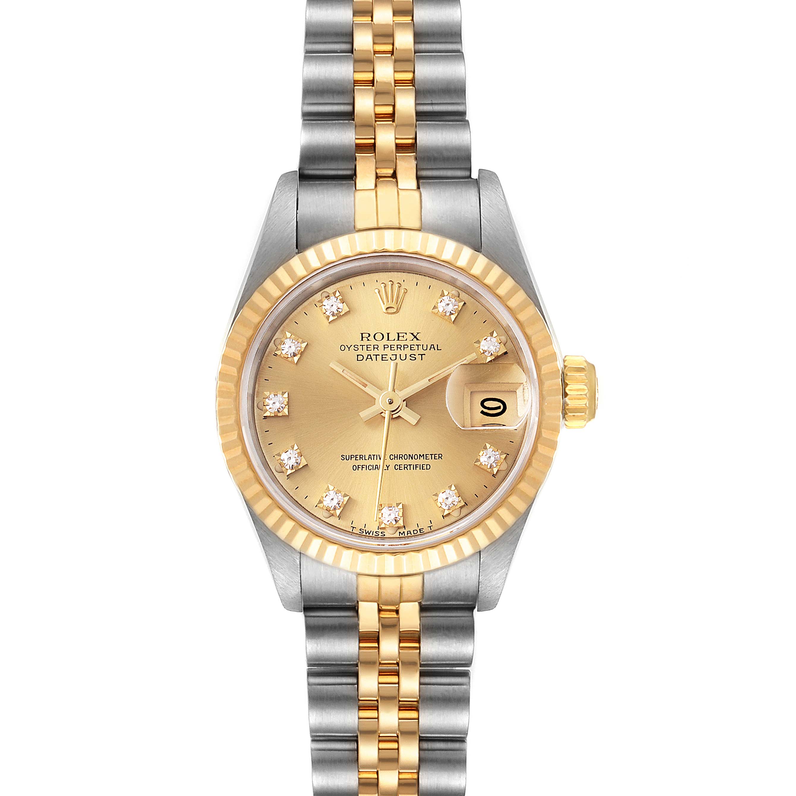 The Rolex Datejust 69173 Women
s Steel and Gold (two tone) Champagne Dial 69173 Women
s Steel and Gold (two tone) Champagne Dial watch is shown from a front angle, highlighting its dial, bezel, and two-tone bracelet.