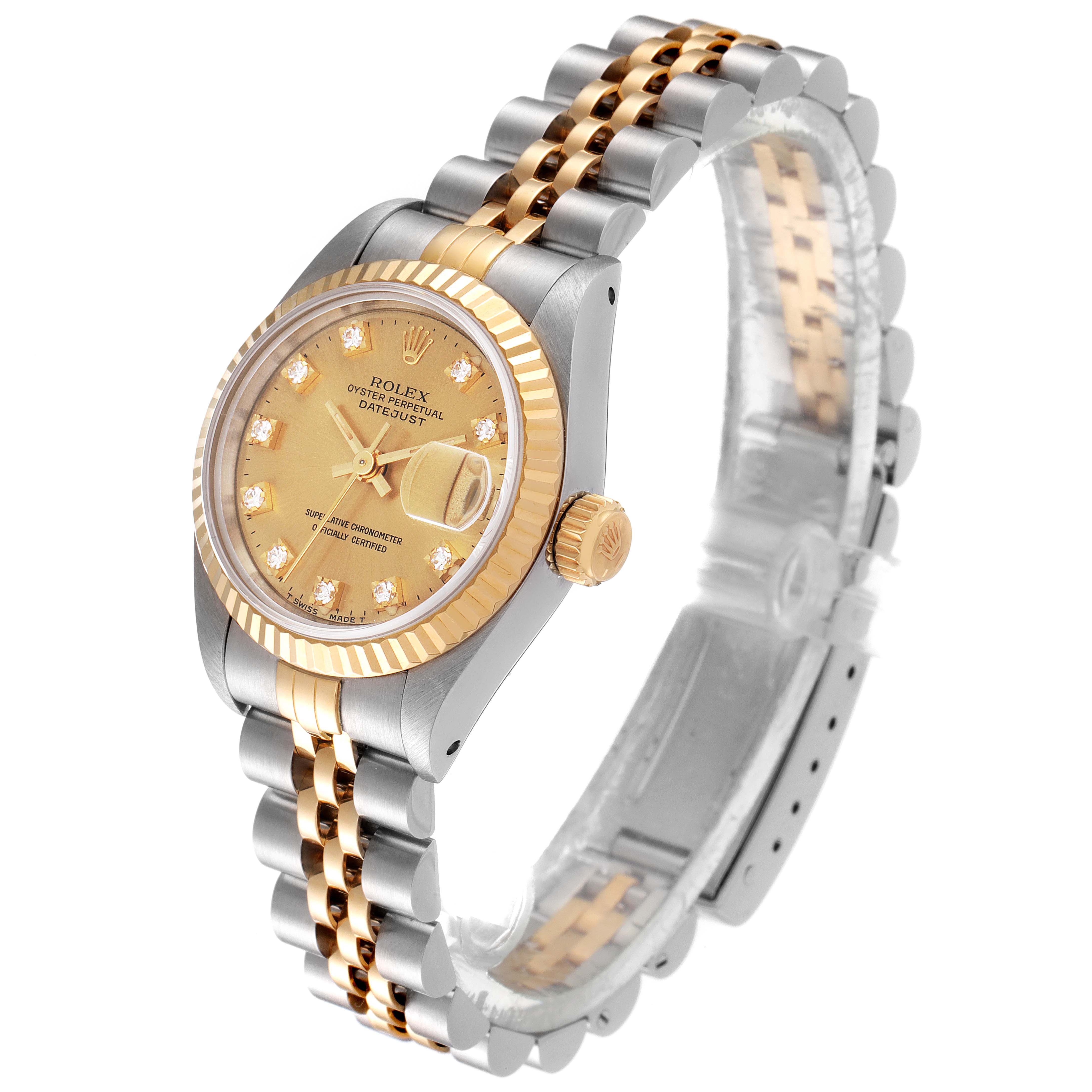 This image shows a Rolex Datejust 69173 Women
s Steel and Gold (two tone) Champagne Dial 69173 Women
s Steel and Gold (two tone) Champagne Dial watch from a three-quarter angle highlighting the bezel, dial, and jubilee bracelet.