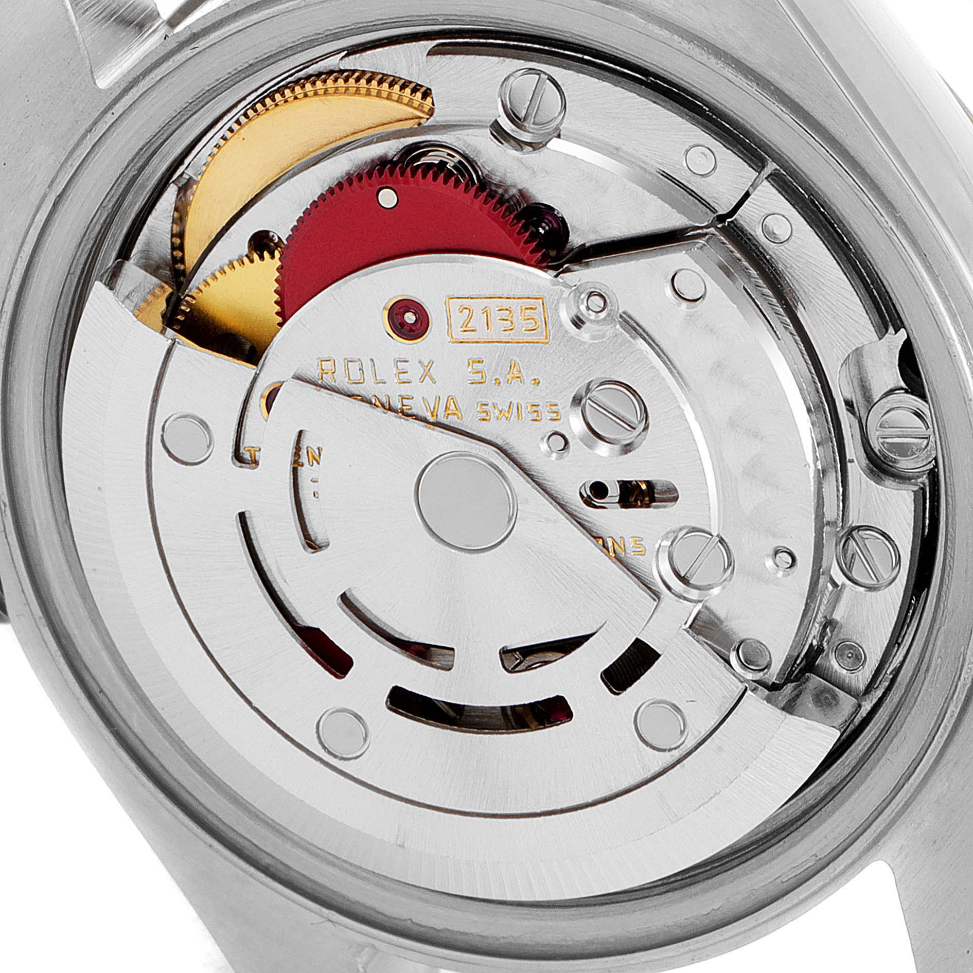 This image shows the internal movement mechanism of a Rolex Datejust 69173 Women
s Steel and Gold (two tone) Champagne Dial 69173 Women
s Steel and Gold (two tone) Champagne Dial watch, viewed from the back.