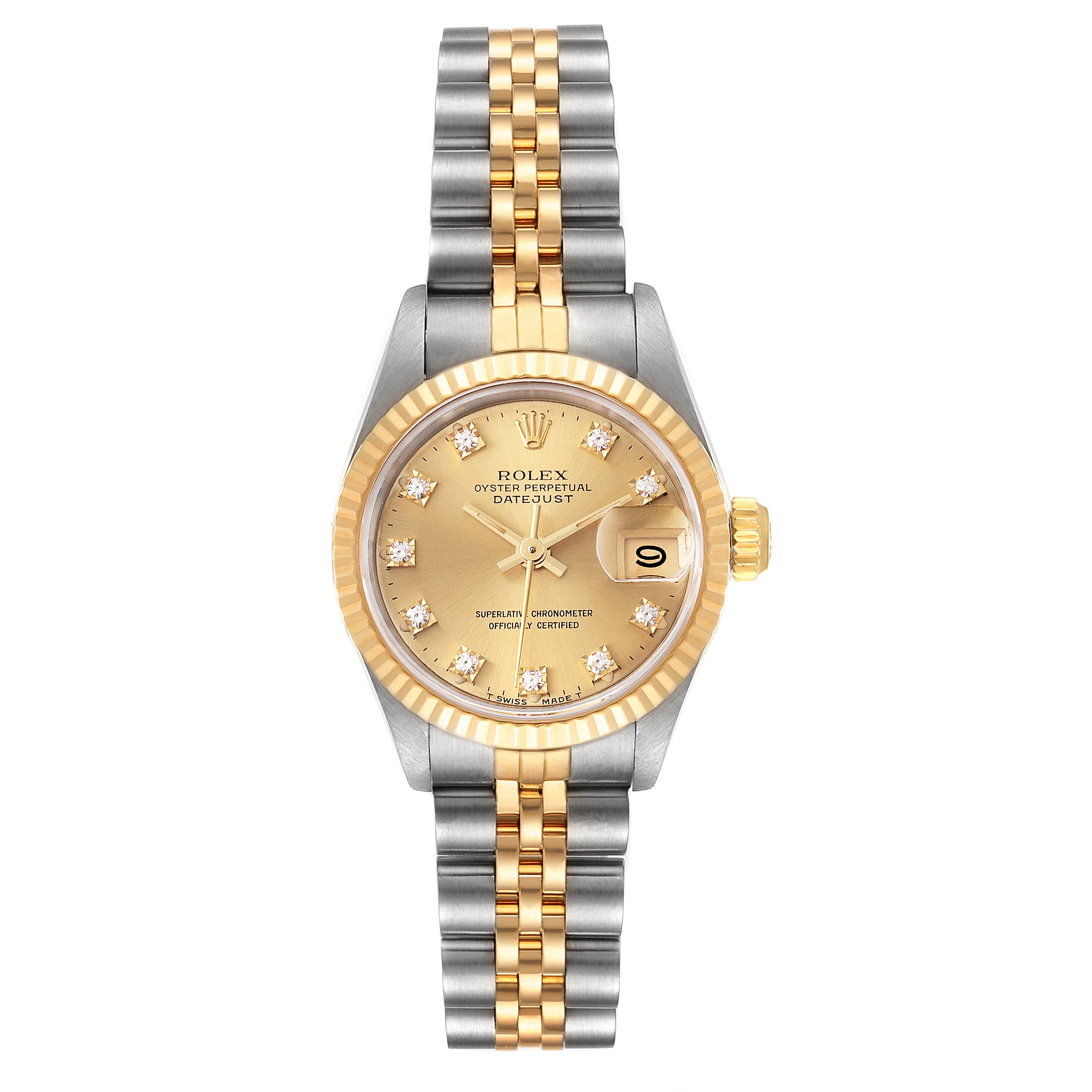 The image shows a Rolex Datejust 69173 Women
s Steel and Gold (two tone) Champagne Dial 69173 Women
s Steel and Gold (two tone) Champagne Dial watch at a top-down angle, revealing the dial, bezel, bracelet, and date window.