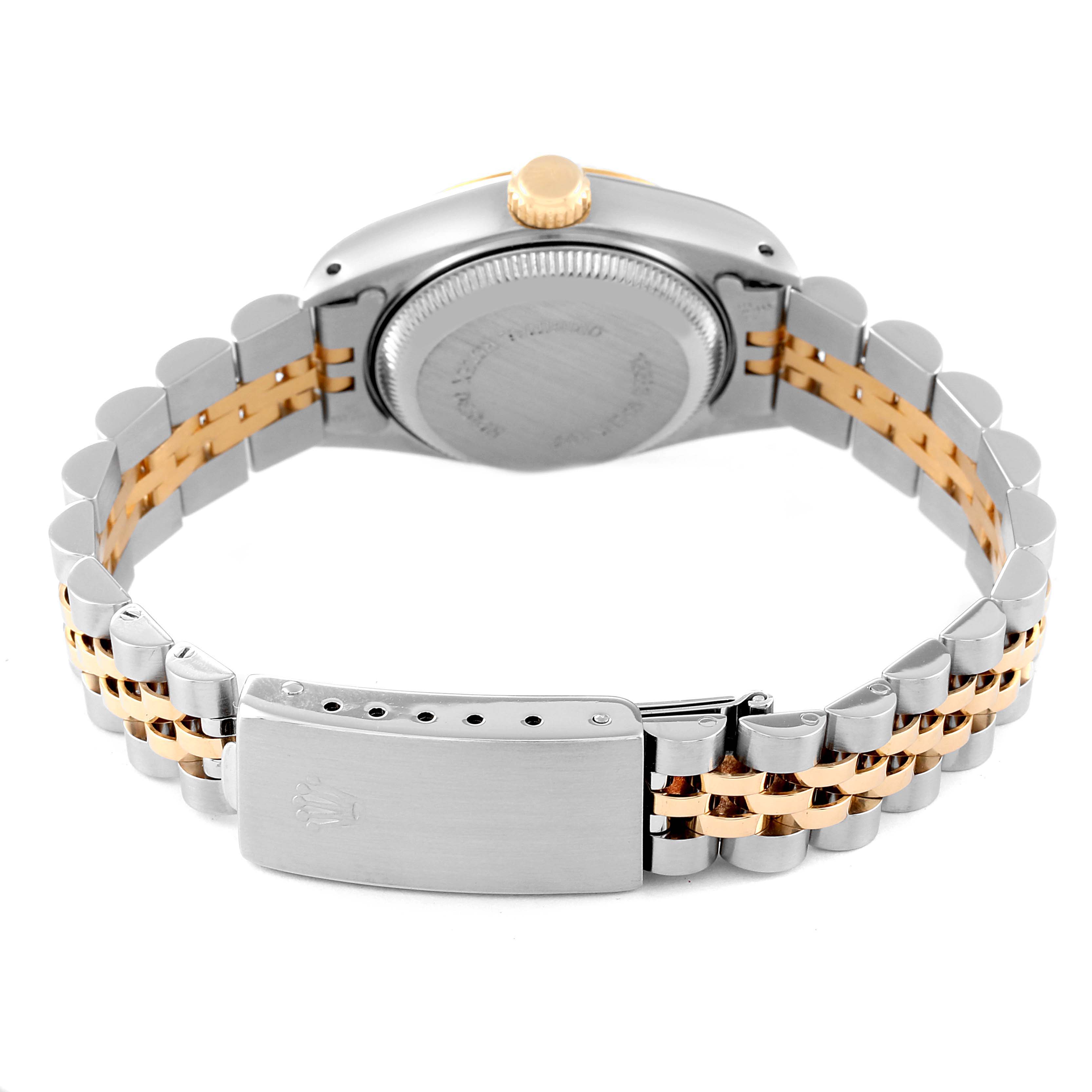 This image shows the back view of a Rolex Datejust 69173 Women's Steel and Gold (two tone) White Dial 69173 Women's Steel and Gold (two tone) White Dial watch, highlighting the case back and the two-tone Jubilee bracelet.