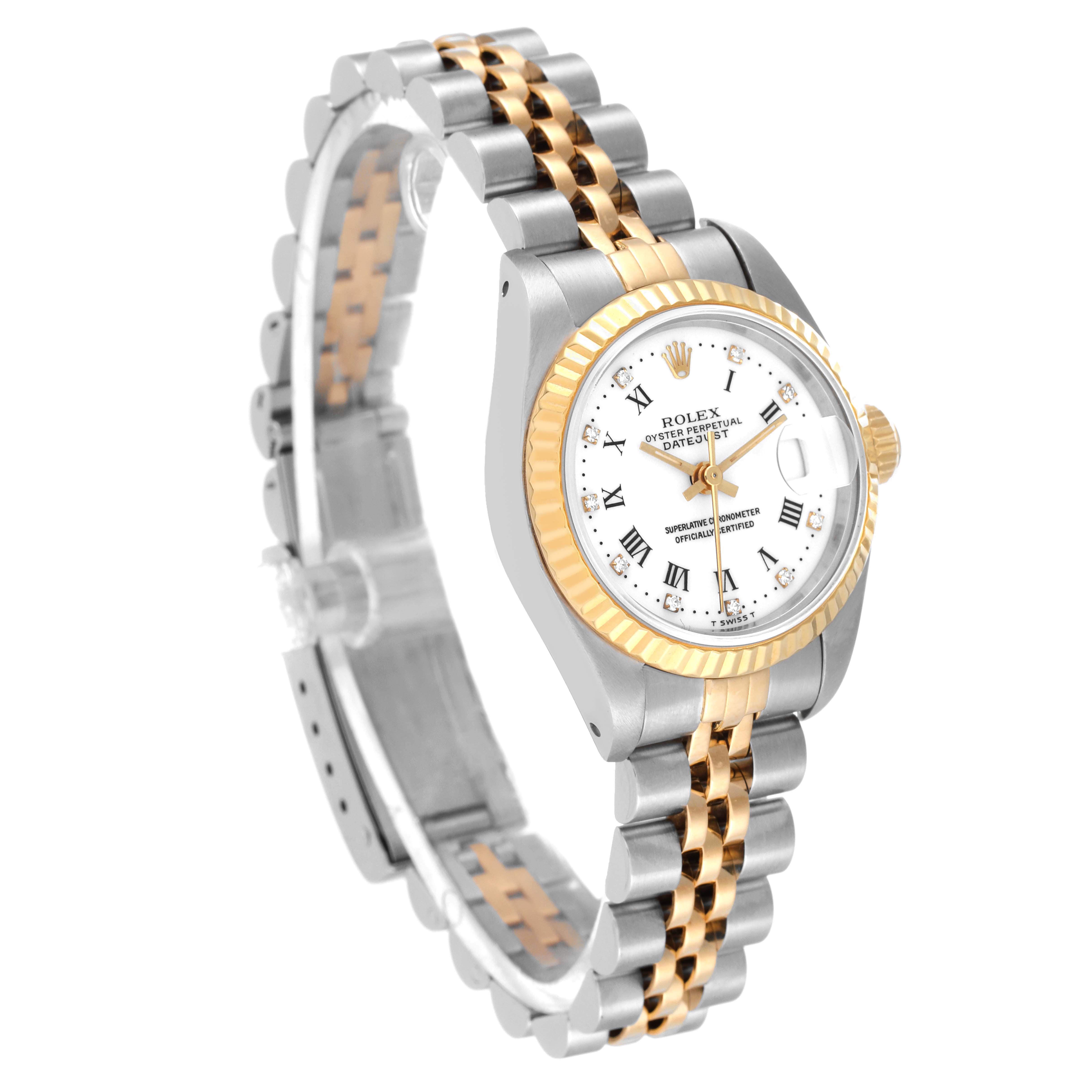 The image shows a Rolex Datejust 69173 Women's Steel and Gold (two tone) White Dial 69173 Women's Steel and Gold (two tone) White Dial watch at an angle, displaying the face, bezel, crown, and jubilee bracelet.