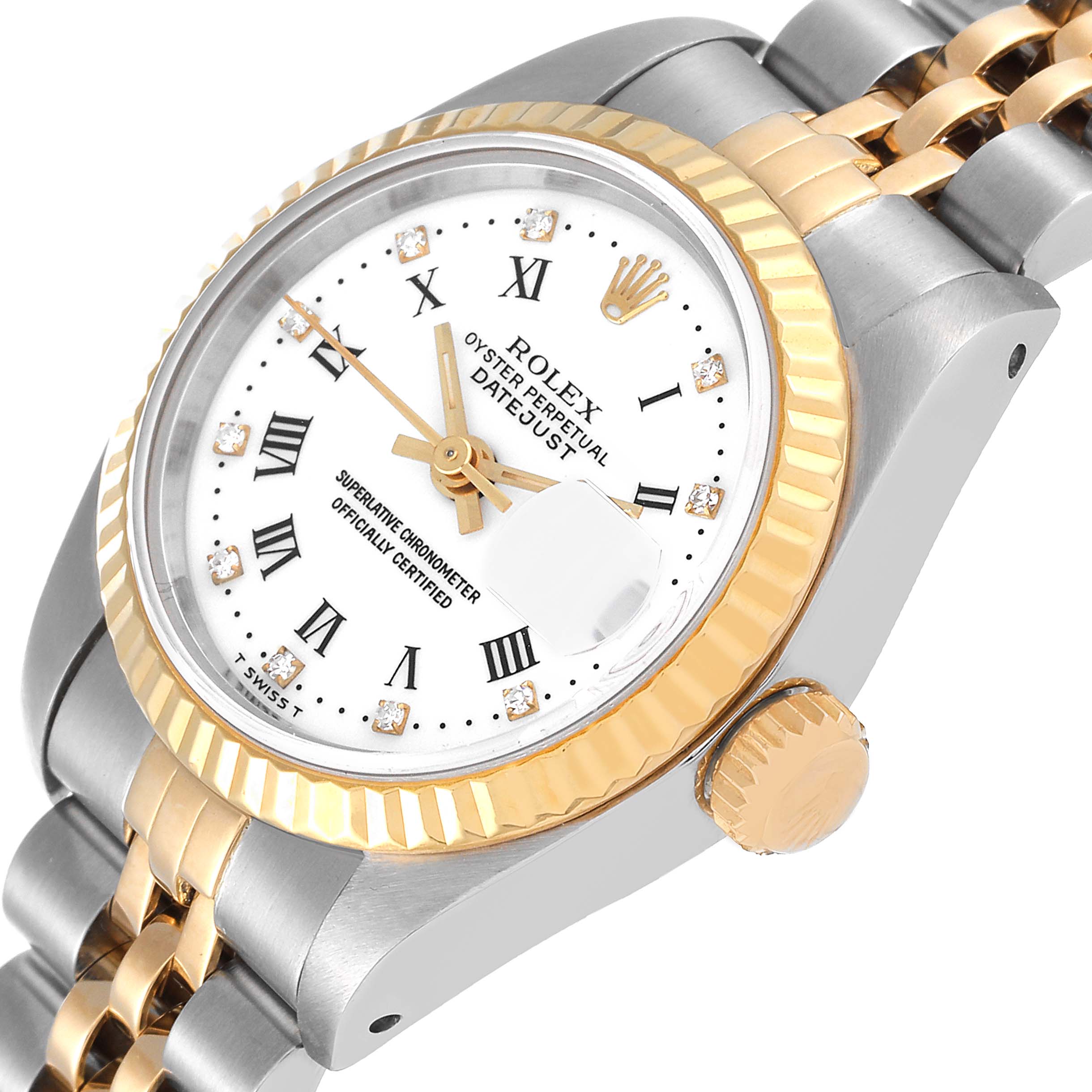 The Rolex Datejust 69173 Women's Steel and Gold (two tone) White Dial 69173 Women's Steel and Gold (two tone) White Dial watch is shown at a slight angle, highlighting its face, crown, bezel, and part of the bracelet.