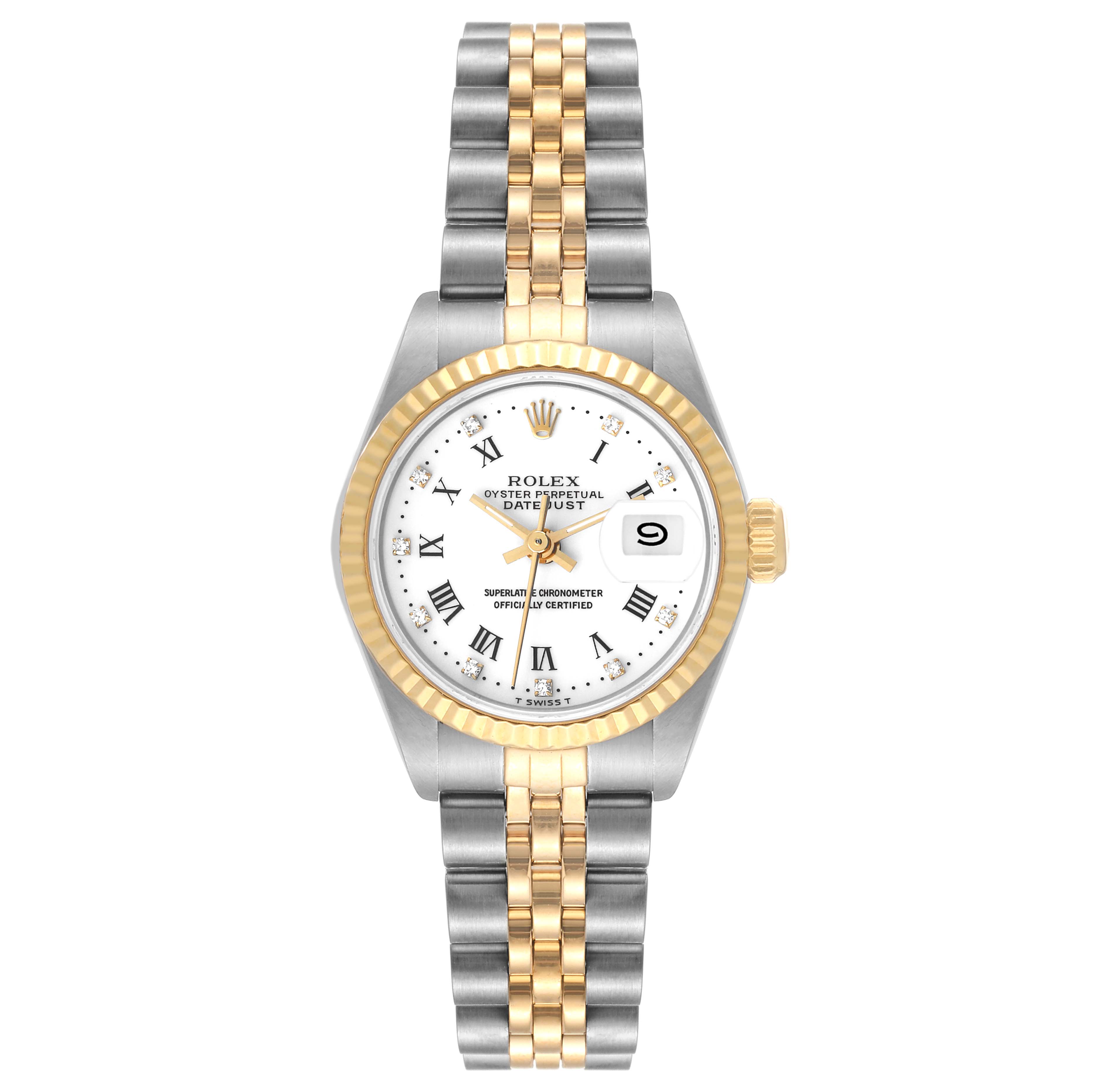 This Rolex Datejust 69173 Women's Steel and Gold (two tone) White Dial 69173 Women's Steel and Gold (two tone) White Dial model watch is shown from a top-down angle, displaying its face, bezel, and two-tone bracelet.