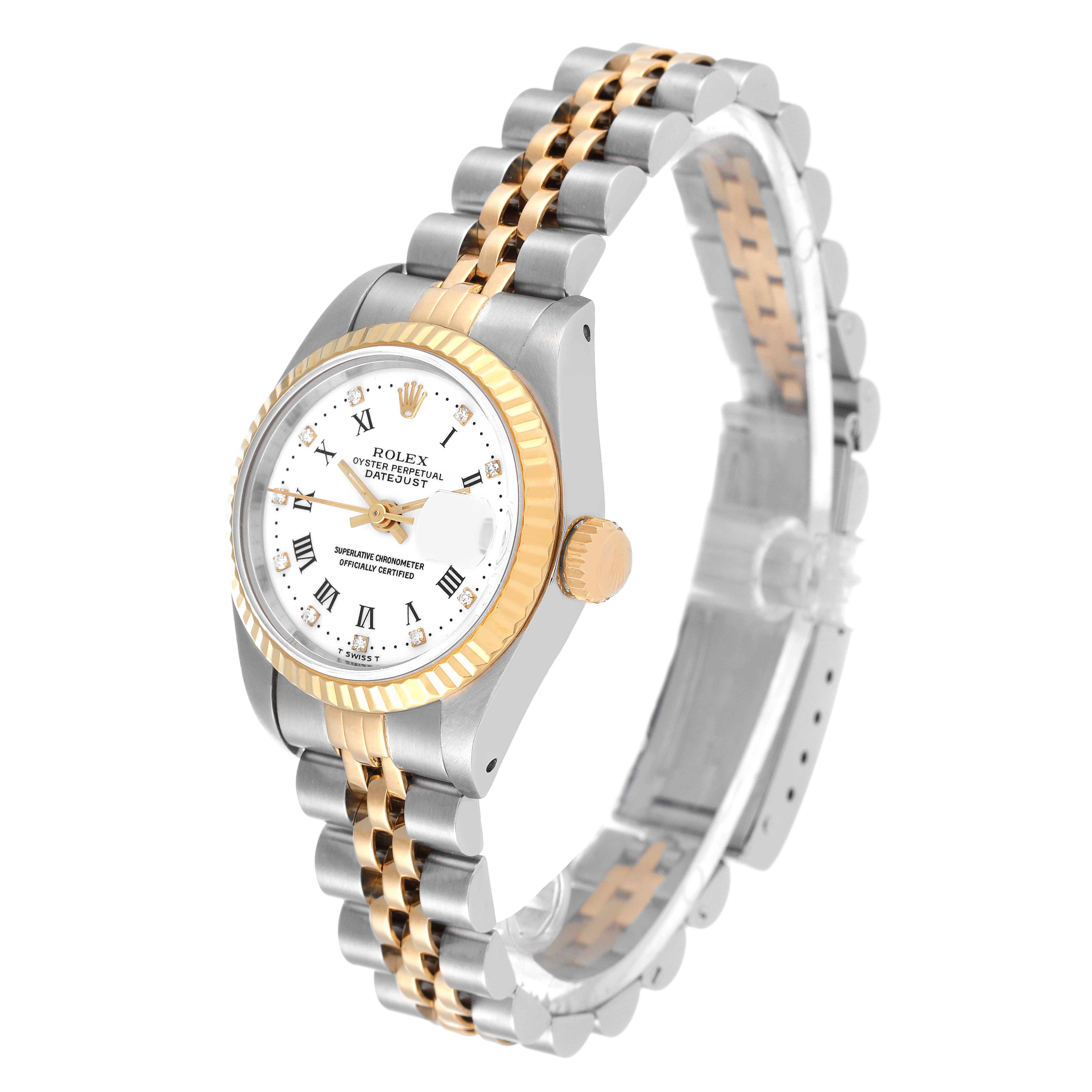 The image shows a side angle of a Rolex Datejust 69173 Women's Steel and Gold (two tone) White Dial 69173 Women's Steel and Gold (two tone) White Dial watch, highlighting the two-tone bracelet, fluted bezel, and dial.