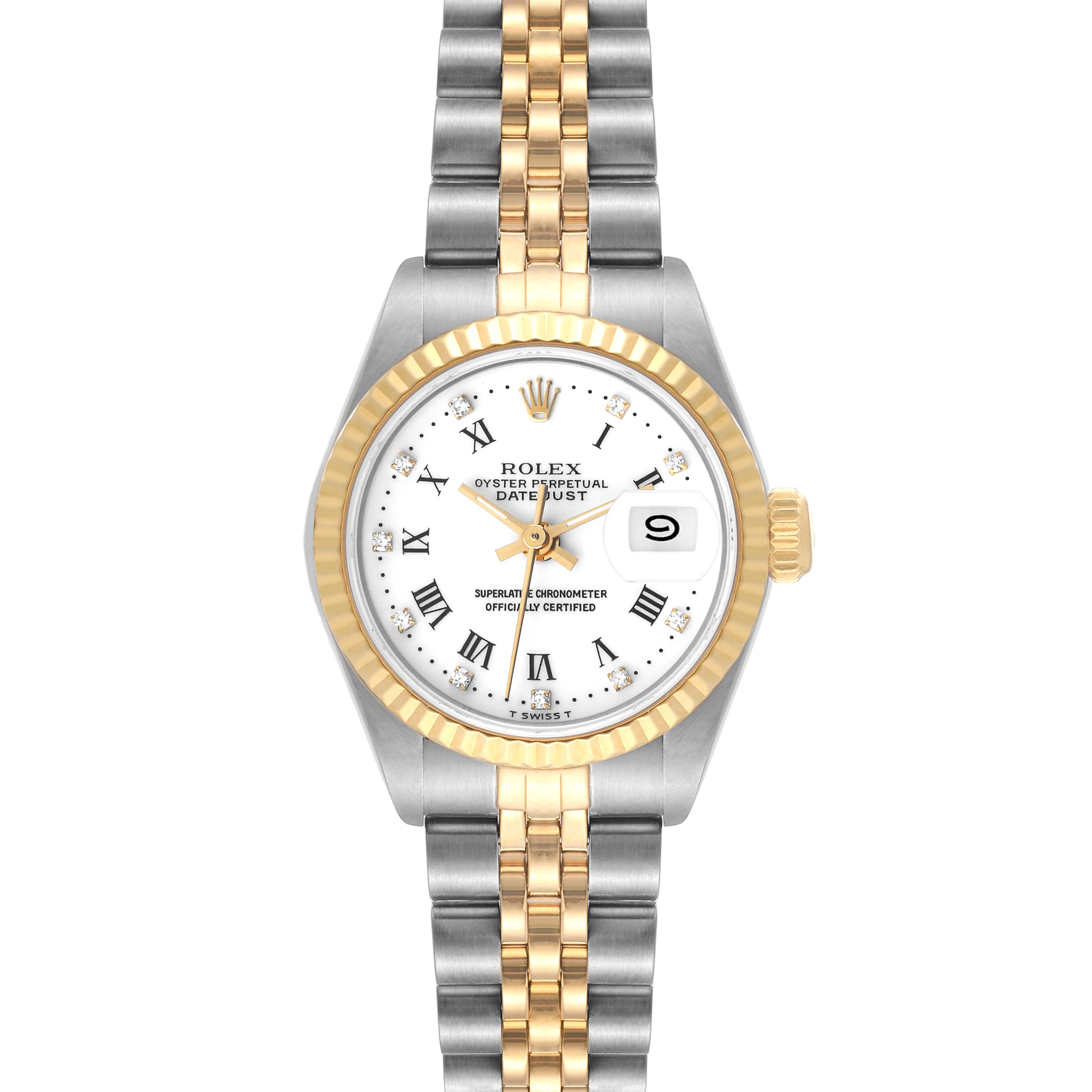 This is a frontal view of the Rolex Datejust 69173 Women's Steel and Gold (two tone) White Dial 69173 Women's Steel and Gold (two tone) White Dial watch, showing the face, bezel, crown, and bracelet.