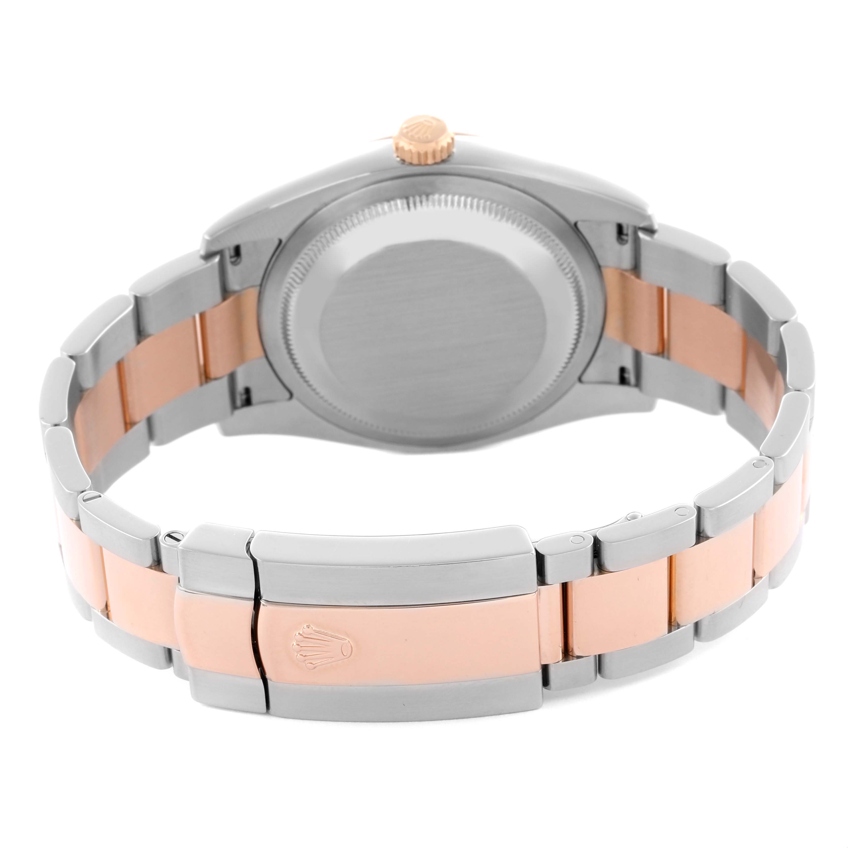 The image shows the back case and bracelet of a Rolex Datejust 116201 Men's Steel and Gold (two tone) Pink Dial 116201 Men's Steel and Gold (two tone) Pink Dial, highlighting the steel and rose gold links.