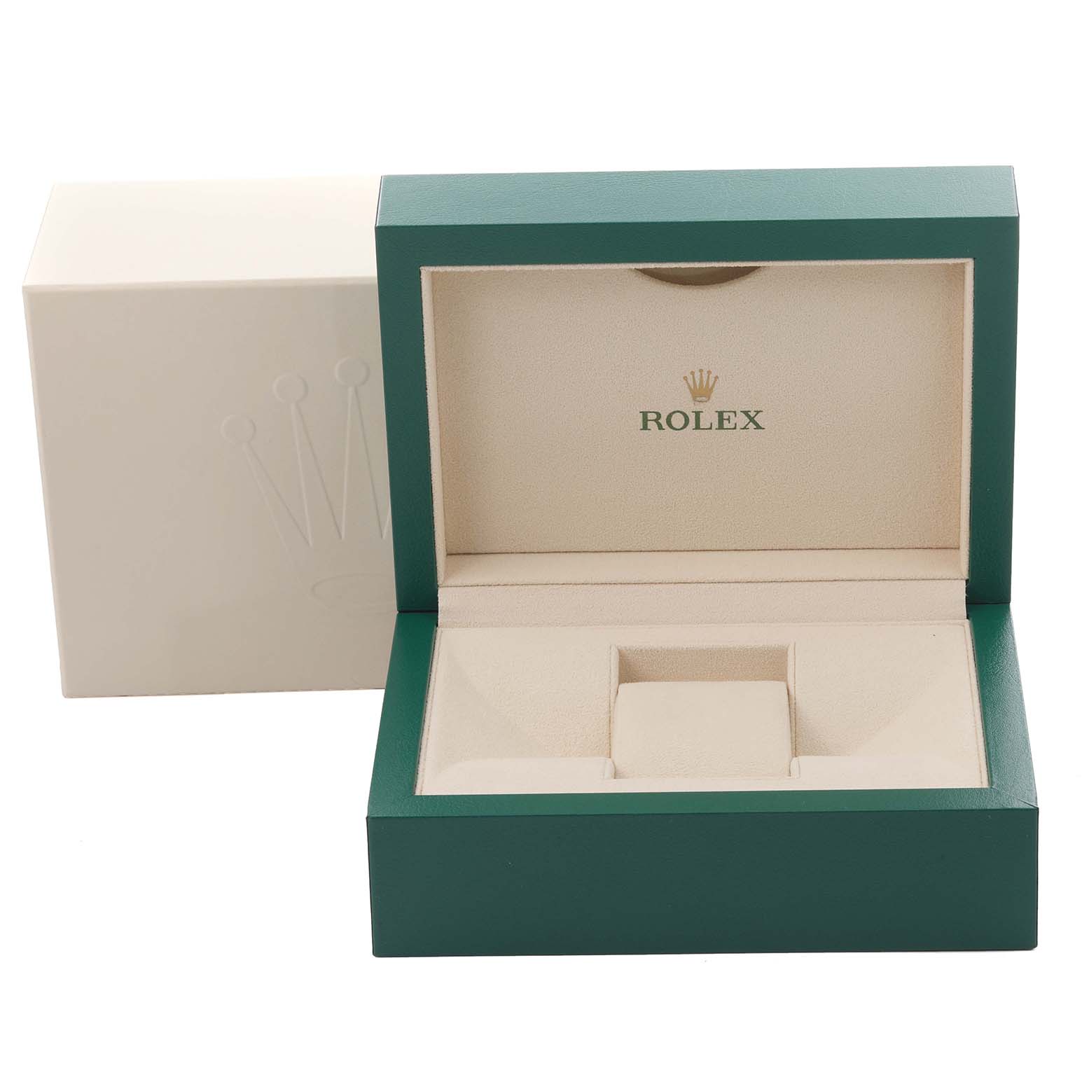 The image shows an open Rolex Datejust 116201 Men's Steel and Gold (two tone) Pink Dial 116201 Men's Steel and Gold (two tone) Pink Dial watch box, displaying the interior and logo.