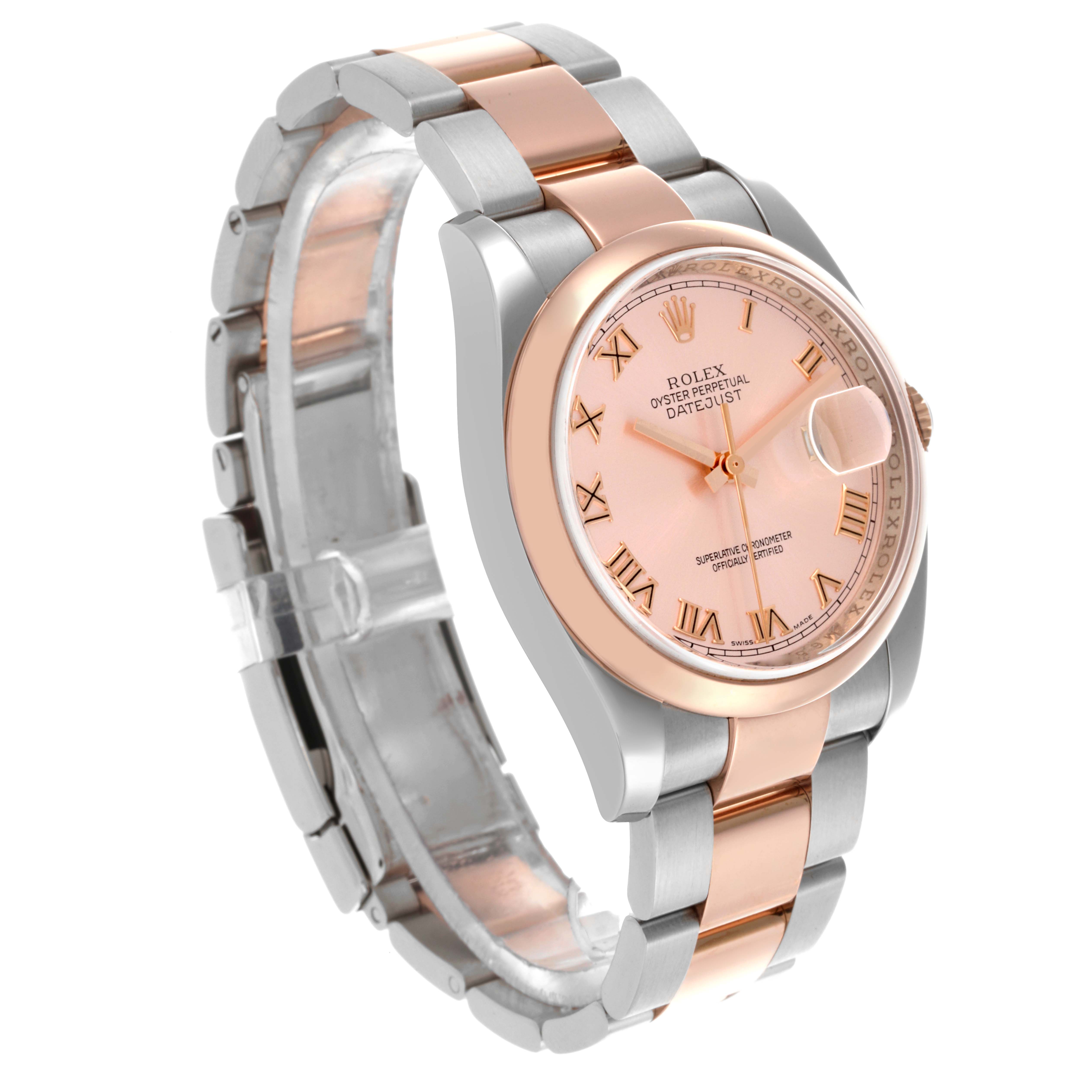 The Rolex Datejust 116201 Men's Steel and Gold (two tone) Pink Dial 116201 Men's Steel and Gold (two tone) Pink Dial watch is shown at a three-quarter angle, displaying its face, bezel, and bracelet.