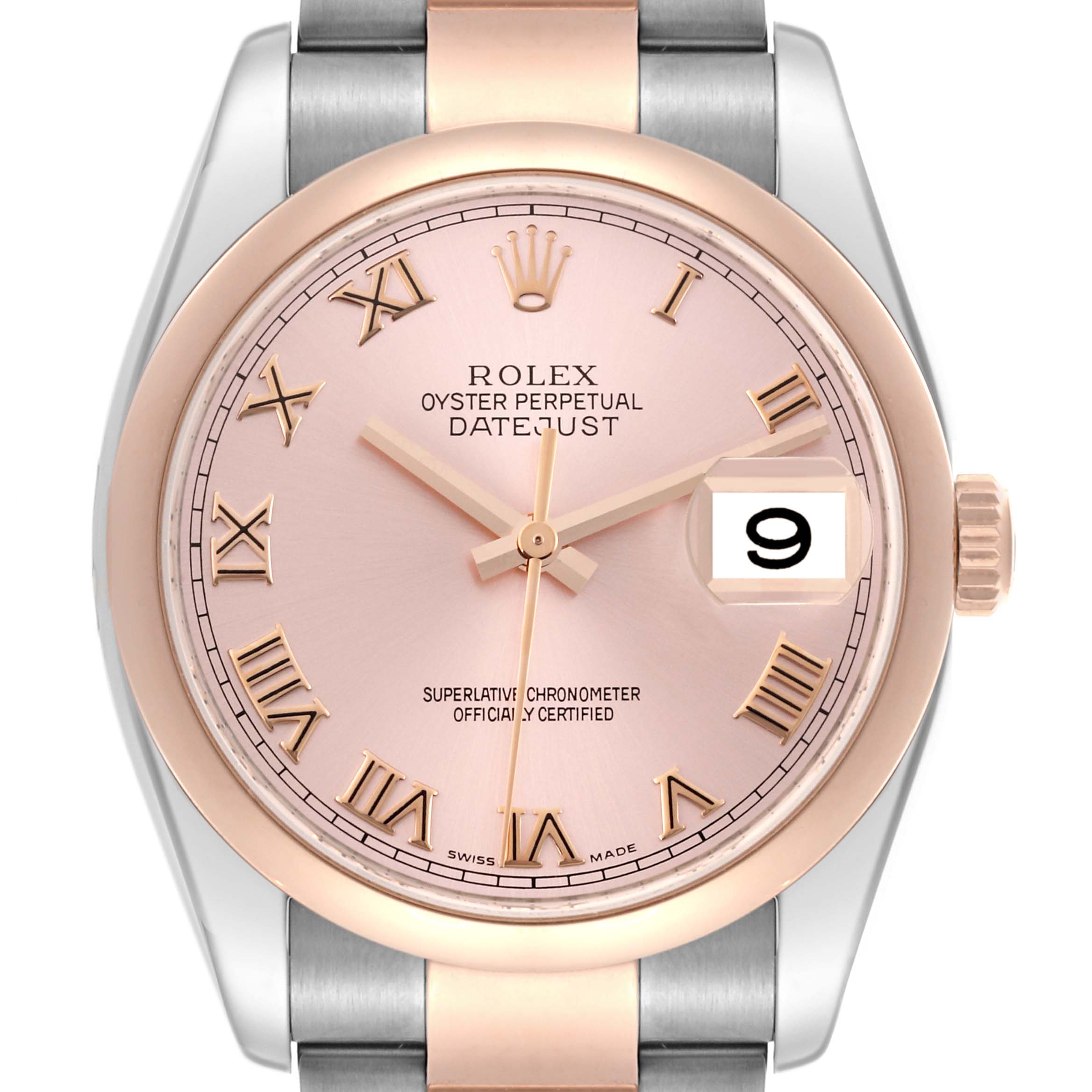 The Rolex Datejust 116201 Men's Steel and Gold (two tone) Pink Dial 116201 Men's Steel and Gold (two tone) Pink Dial watch is shown from a front angle, highlighting the dial, bezel, crown, and part of the bracelet.