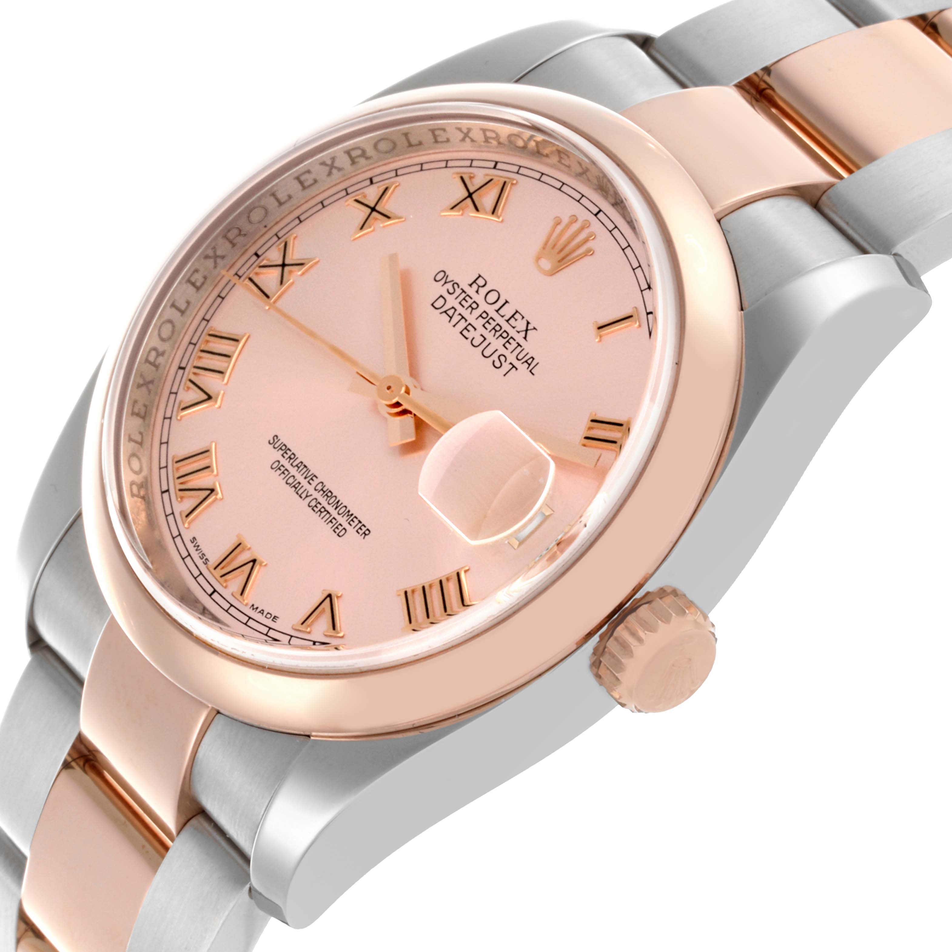 The Rolex Datejust 116201 Men's Steel and Gold (two tone) Pink Dial 116201 Men's Steel and Gold (two tone) Pink Dial watch is shown at a slight angle, displaying the dial, bezel, and part of the bracelet.