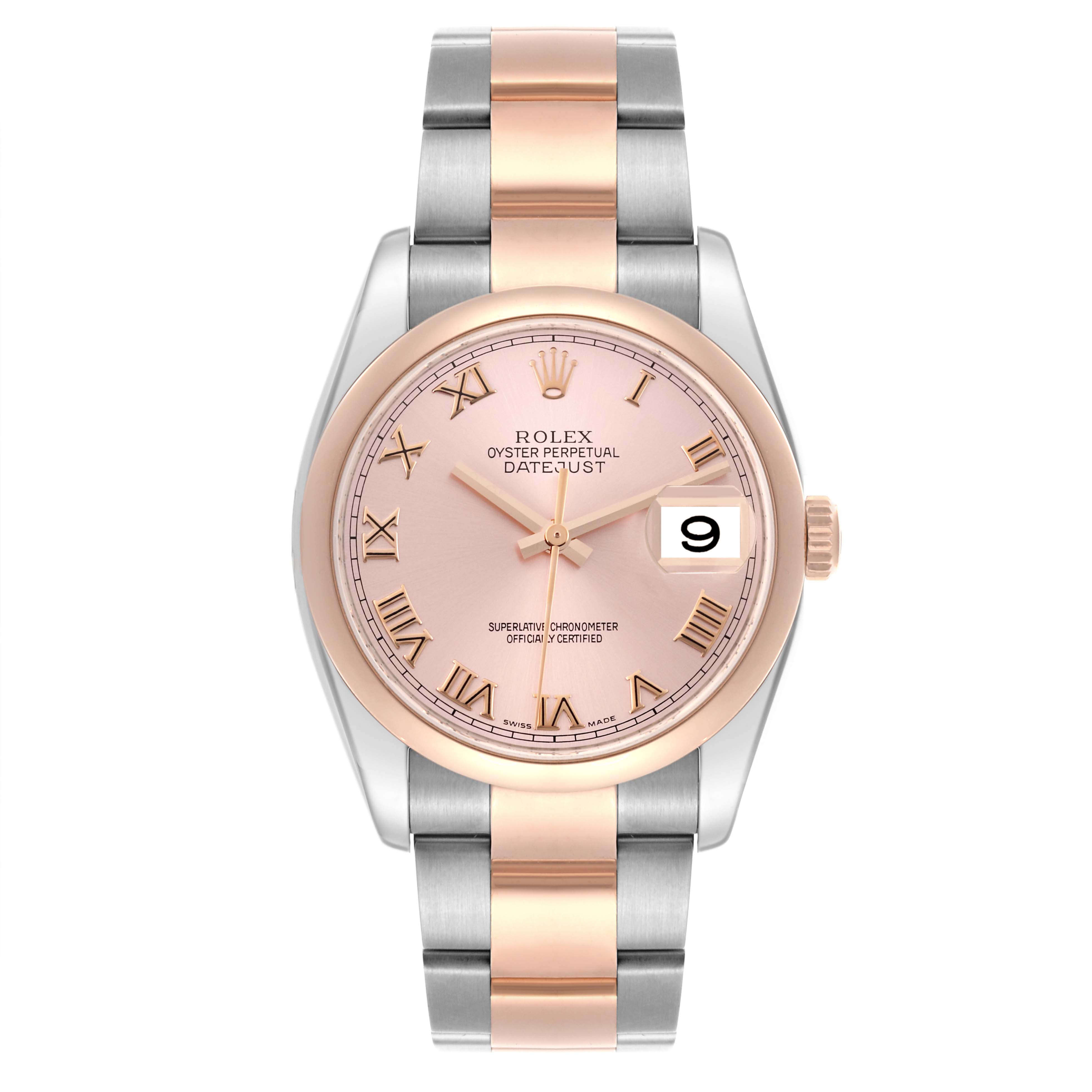The Rolex Datejust 116201 Men's Steel and Gold (two tone) Pink Dial 116201 Men's Steel and Gold (two tone) Pink Dial watch is shown from a front angle, highlighting its dial, date function, and two-tone bracelet.