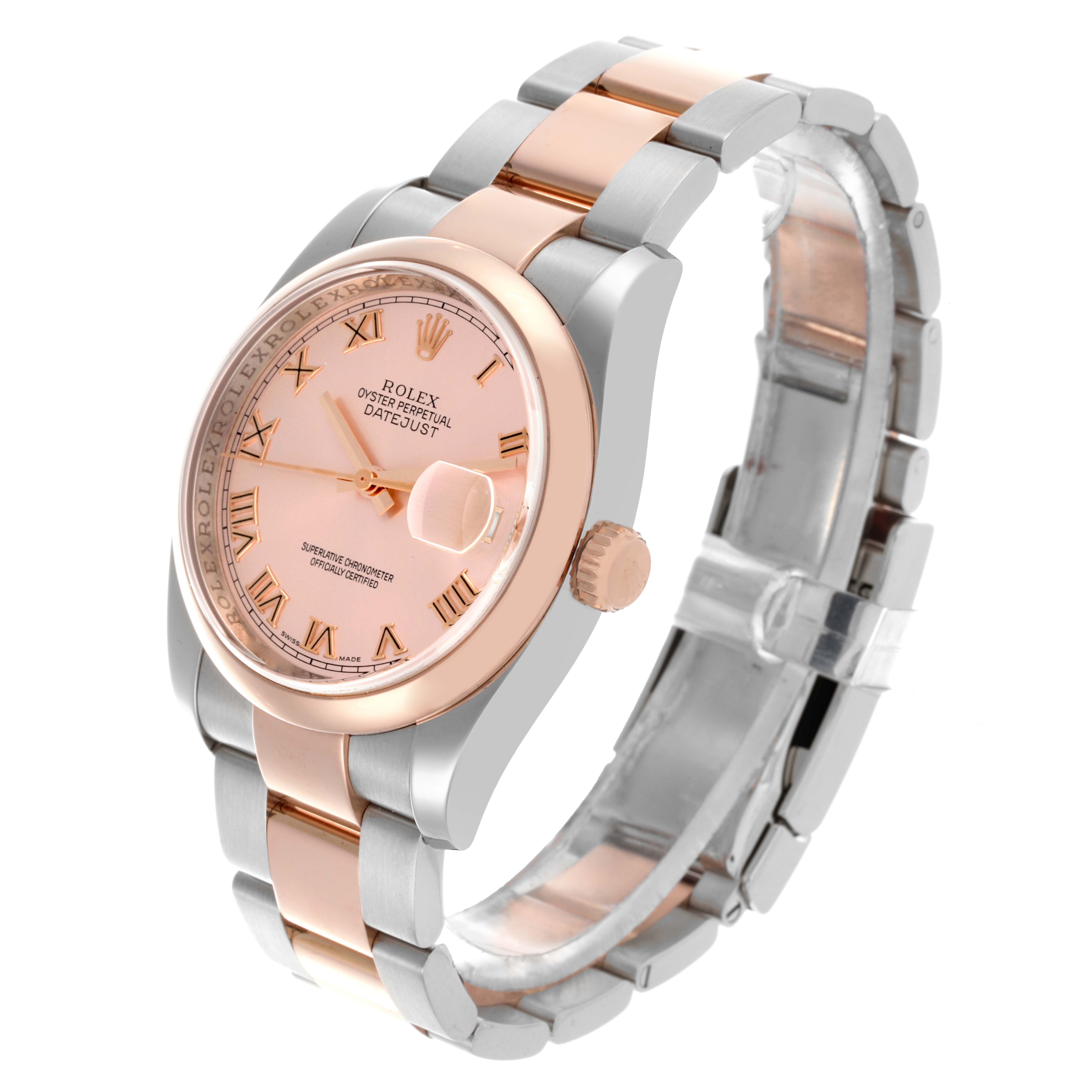 The Rolex Datejust 116201 Men's Steel and Gold (two tone) Pink Dial 116201 Men's Steel and Gold (two tone) Pink Dial watch is shown at a three-quarter angle, highlighting the face, crown, and bracelet.