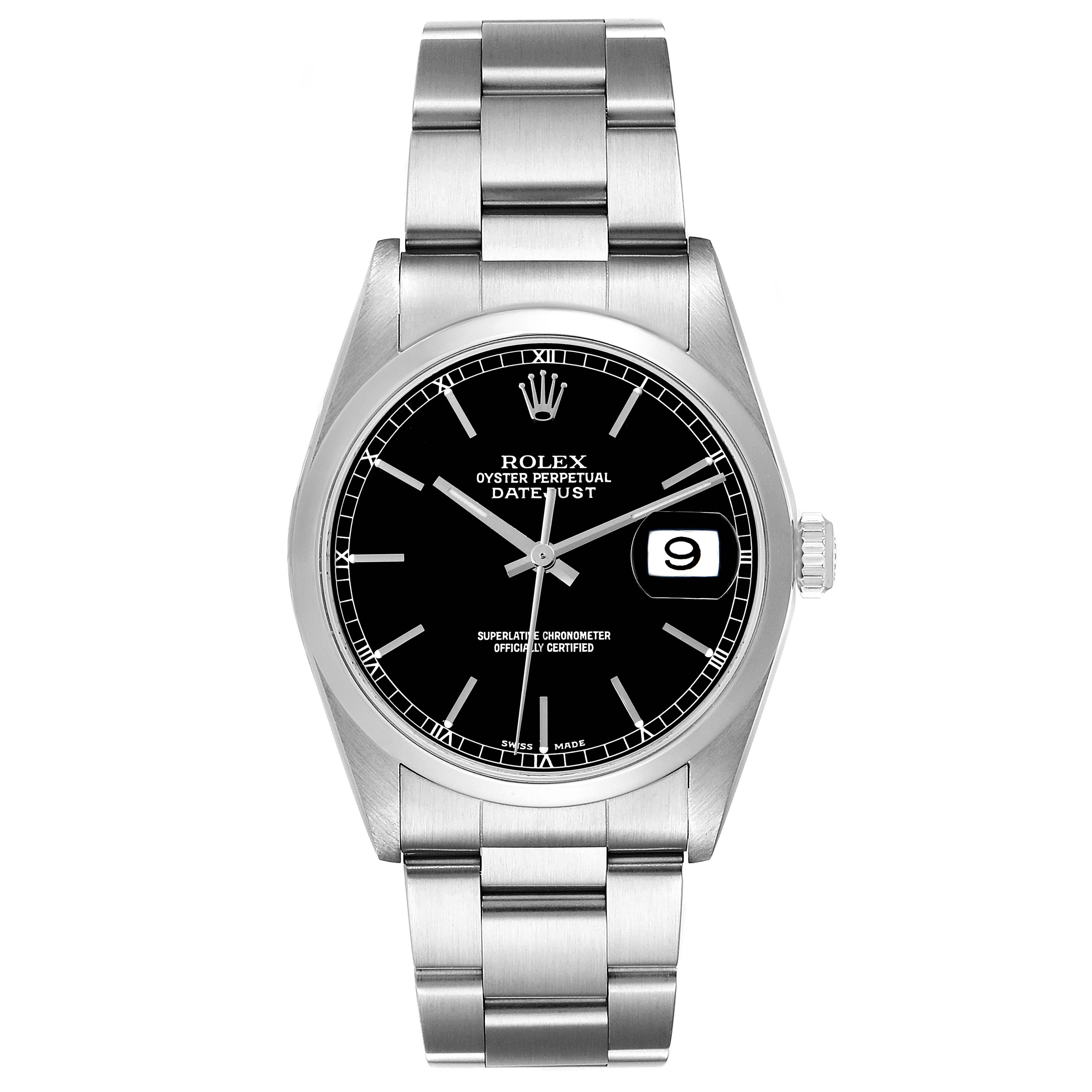 This is a front view of the Rolex Datejust 16200 Men's Stainless Steel Black Dial 16200 Men's Stainless Steel Black Dial watch, showing its dial, bezel, bracelet, and crown.