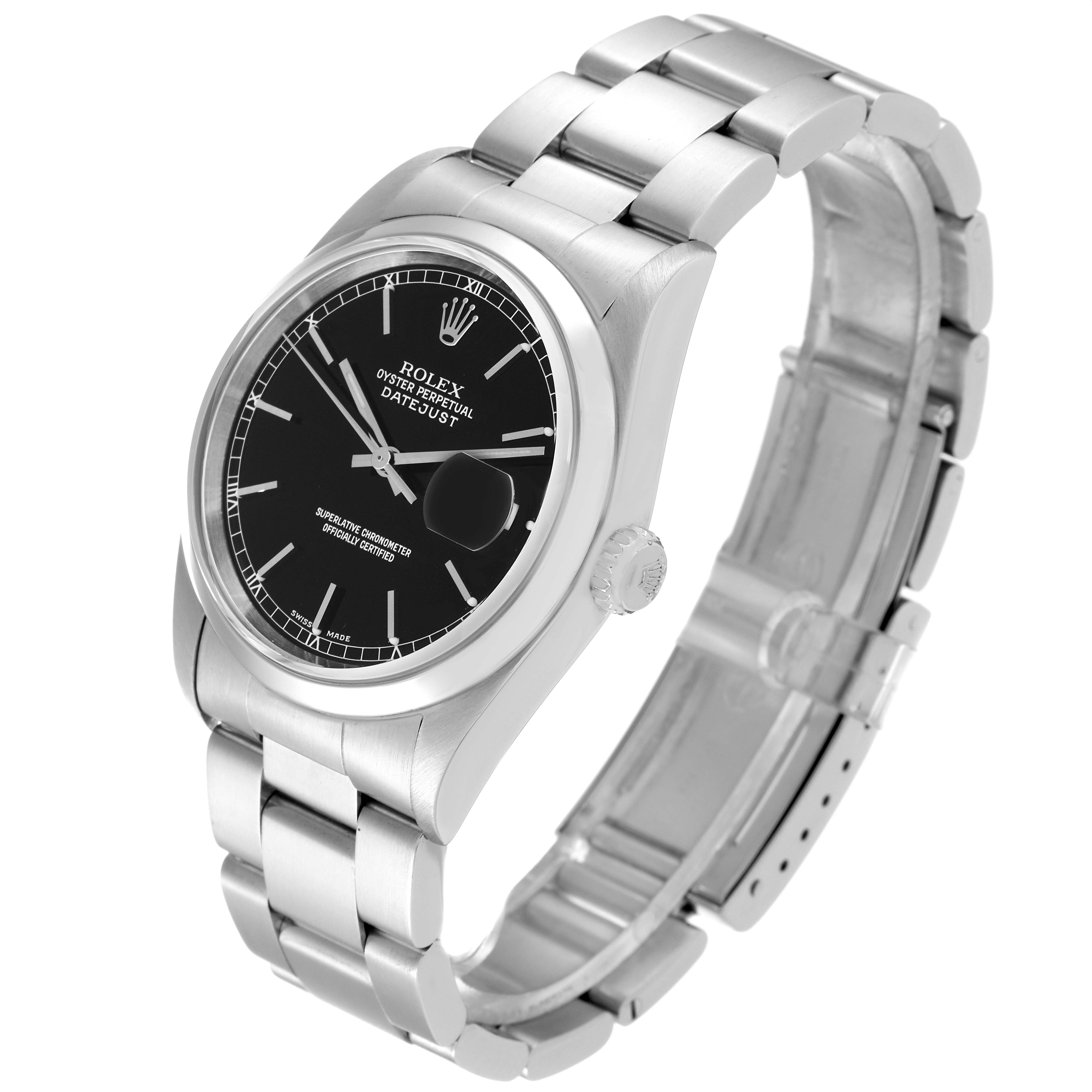 The image shows a Rolex Datejust 16200 Men's Stainless Steel Black Dial 16200 Men's Stainless Steel Black Dial watch at a 3/4 angle, highlighting the face, case, and part of the bracelet.