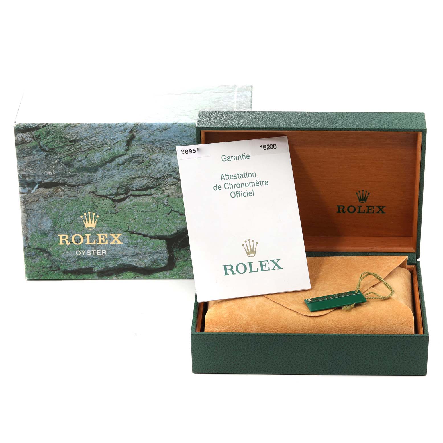 The image shows a Rolex Datejust 16200 Men's Stainless Steel Black Dial 16200 Men's Stainless Steel Black Dial watch box, warranty card, and accessories from a front angle.