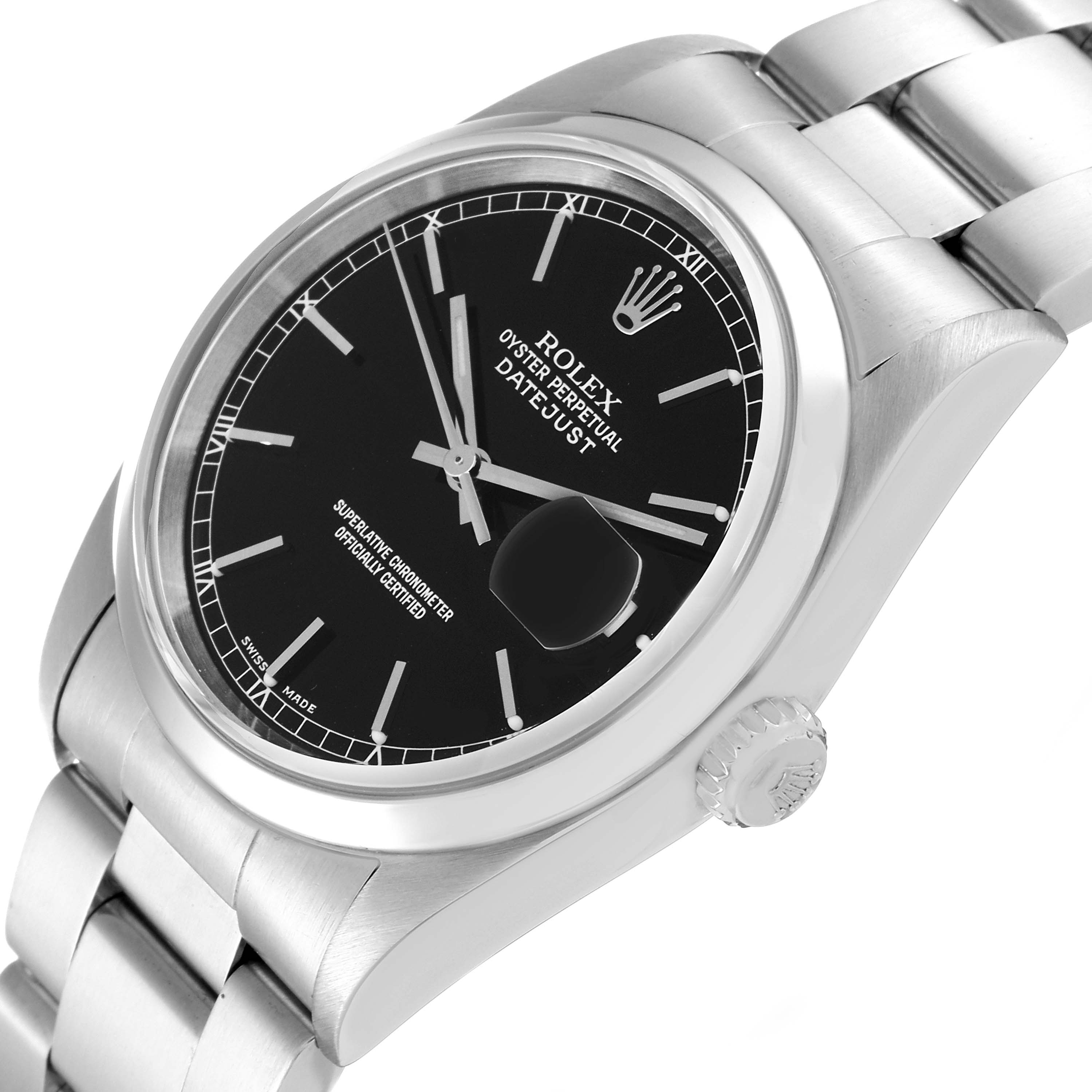 This image shows a close-up angle of a Rolex Datejust 16200 Men's Stainless Steel Black Dial 16200 Men's Stainless Steel Black Dial watch, highlighting the dial, band, and crown.