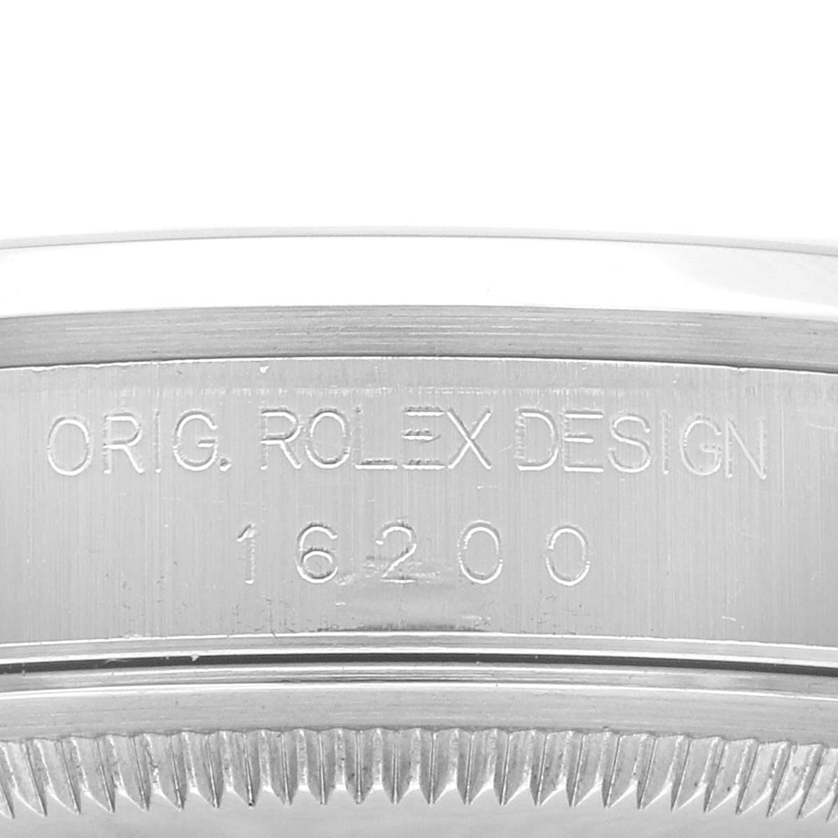 Close-up view of the model number engraving on the bezel of a Rolex Datejust 16200 Men's Stainless Steel Black Dial 16200 Men's Stainless Steel Black Dial watch.