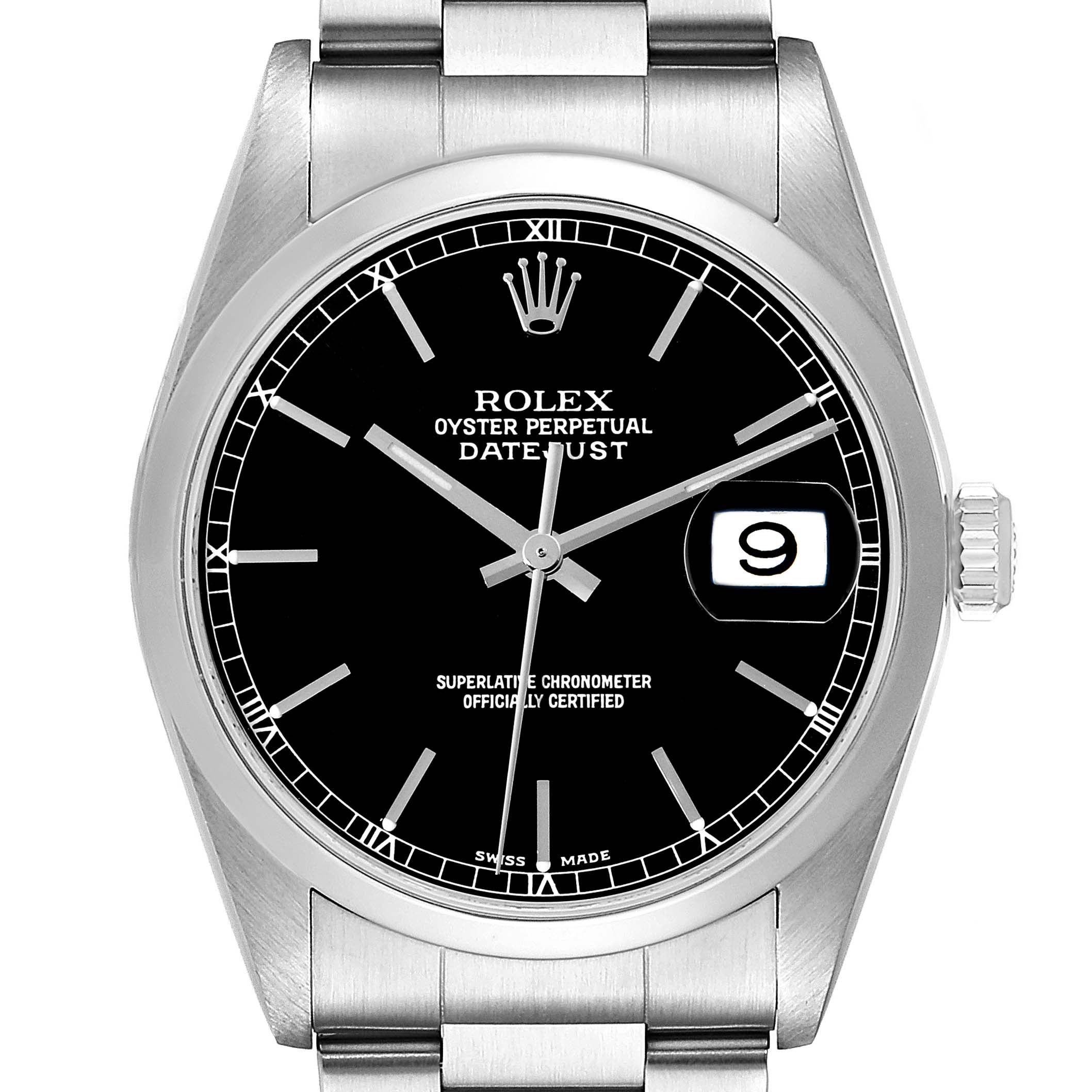 This image shows a front view of a Rolex Datejust 16200 Men's Stainless Steel Black Dial 16200 Men's Stainless Steel Black Dial watch, displaying its face, bezel, crown, and part of the bracelet.