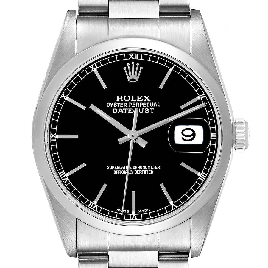 Rolex Datejust 36mm Black Dial Smooth Bezel Steel Mens Watch 16200 Box Papers SwissWatchExpo